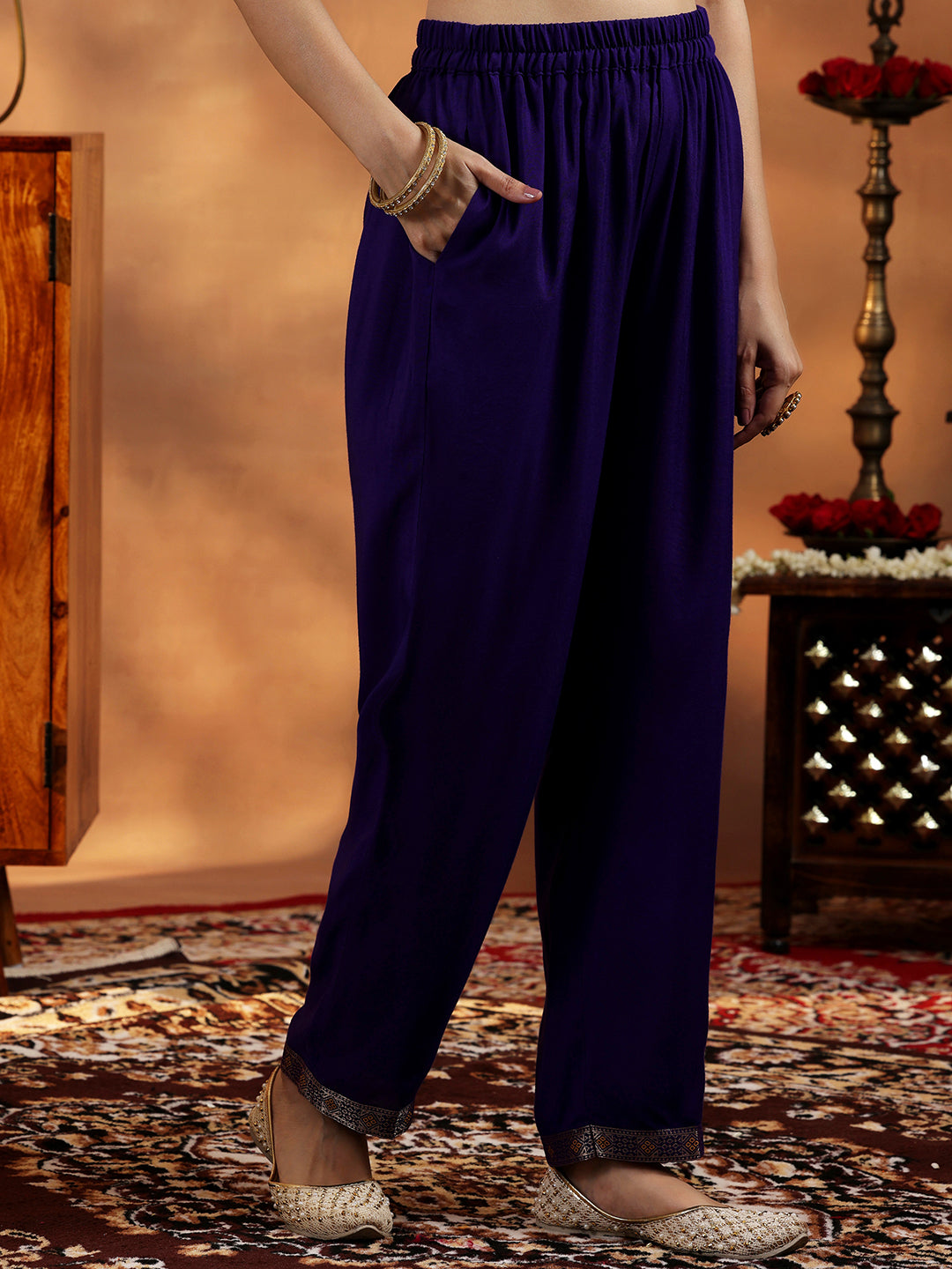 Purple Woven Design Silk Blend Straight Suit With Dupatta