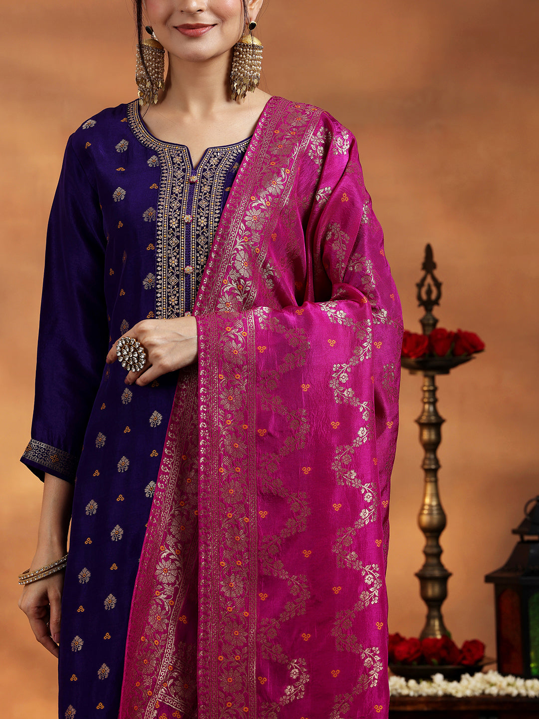 Purple Woven Design Silk Blend Straight Suit With Dupatta