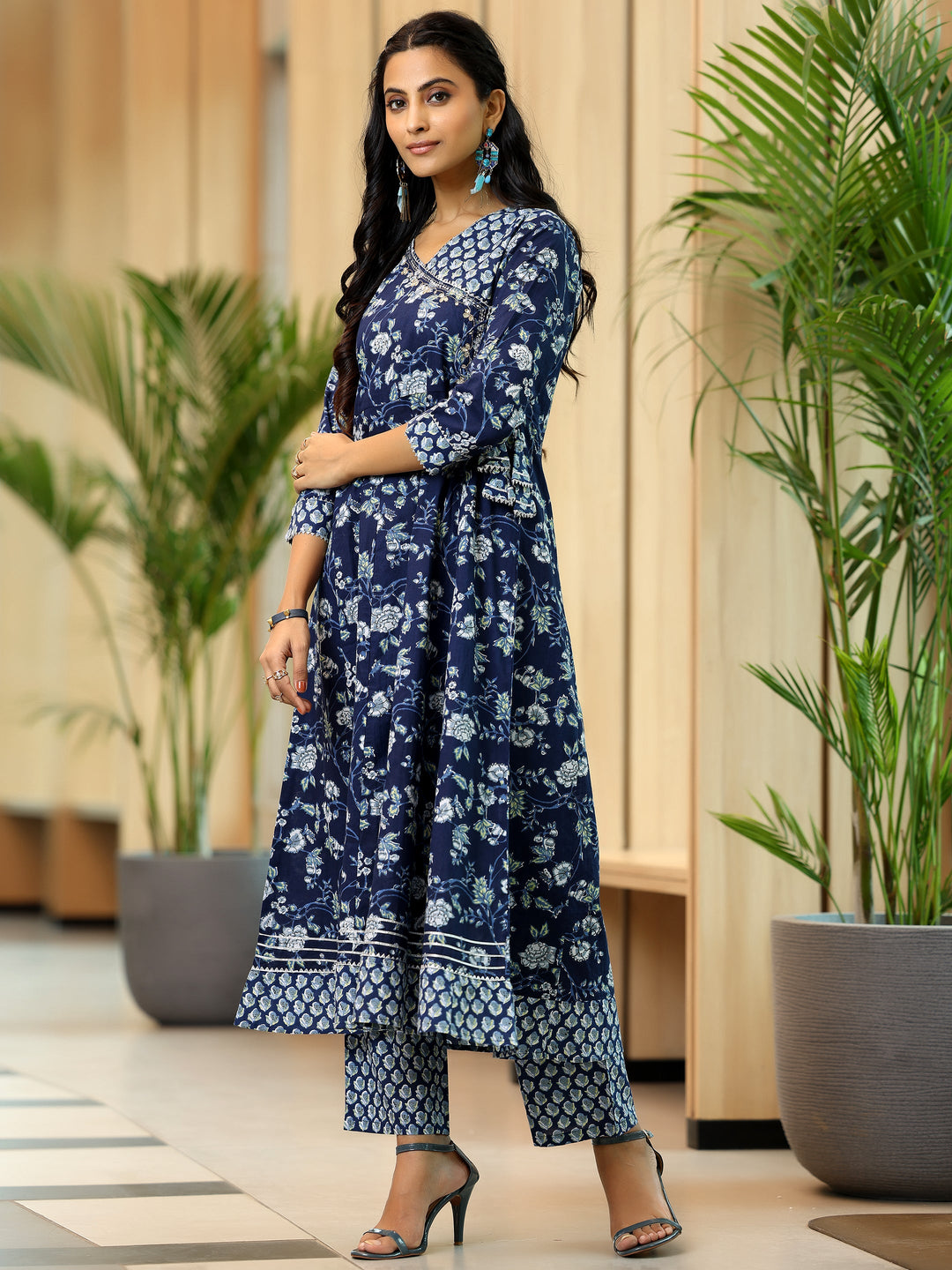 Blue Printed Cotton Anarkali Kurta Set