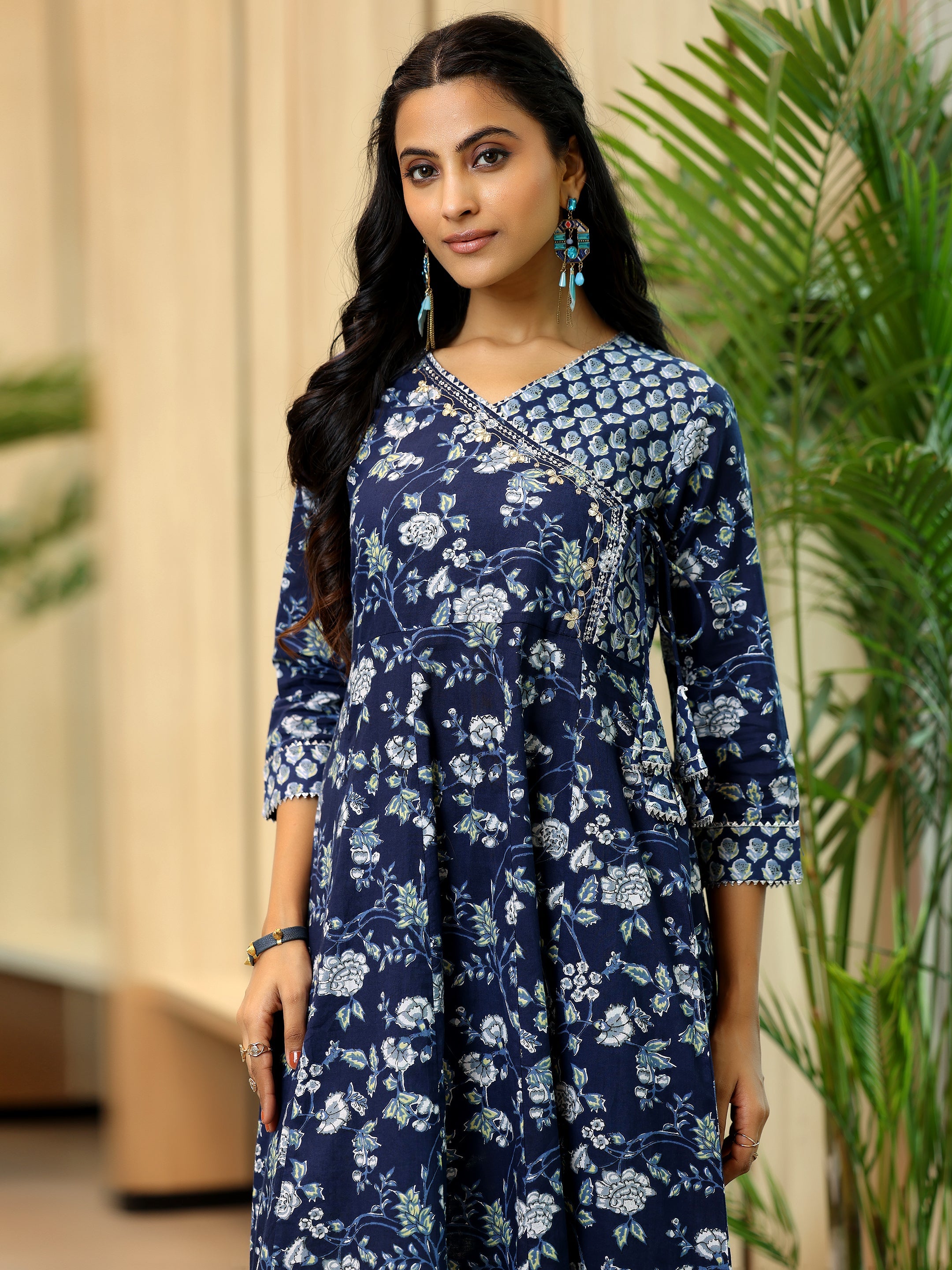 Blue Printed Cotton Anarkali Kurta Set