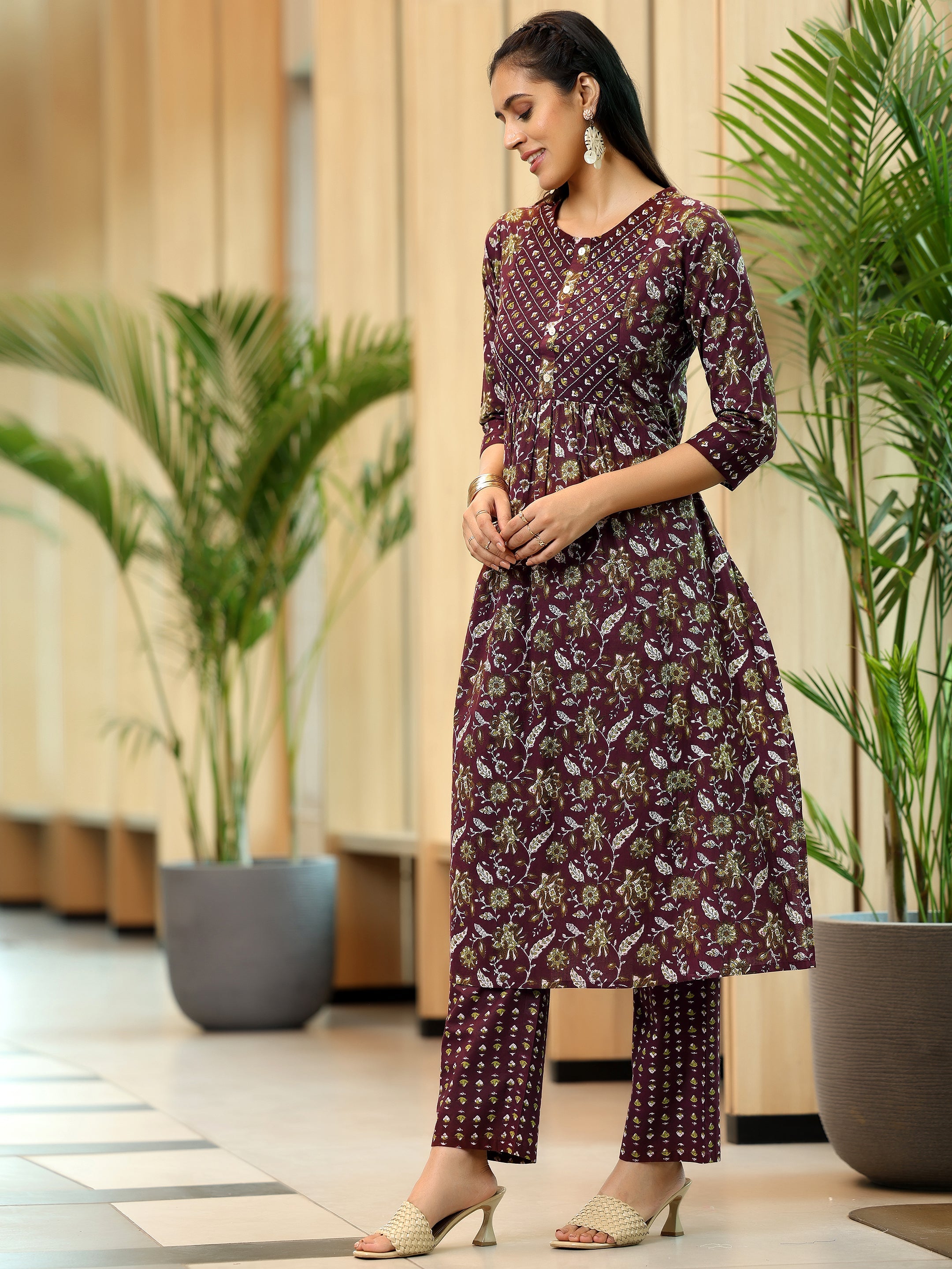 Brown Printed Cotton A-Line Kurta With Trousers