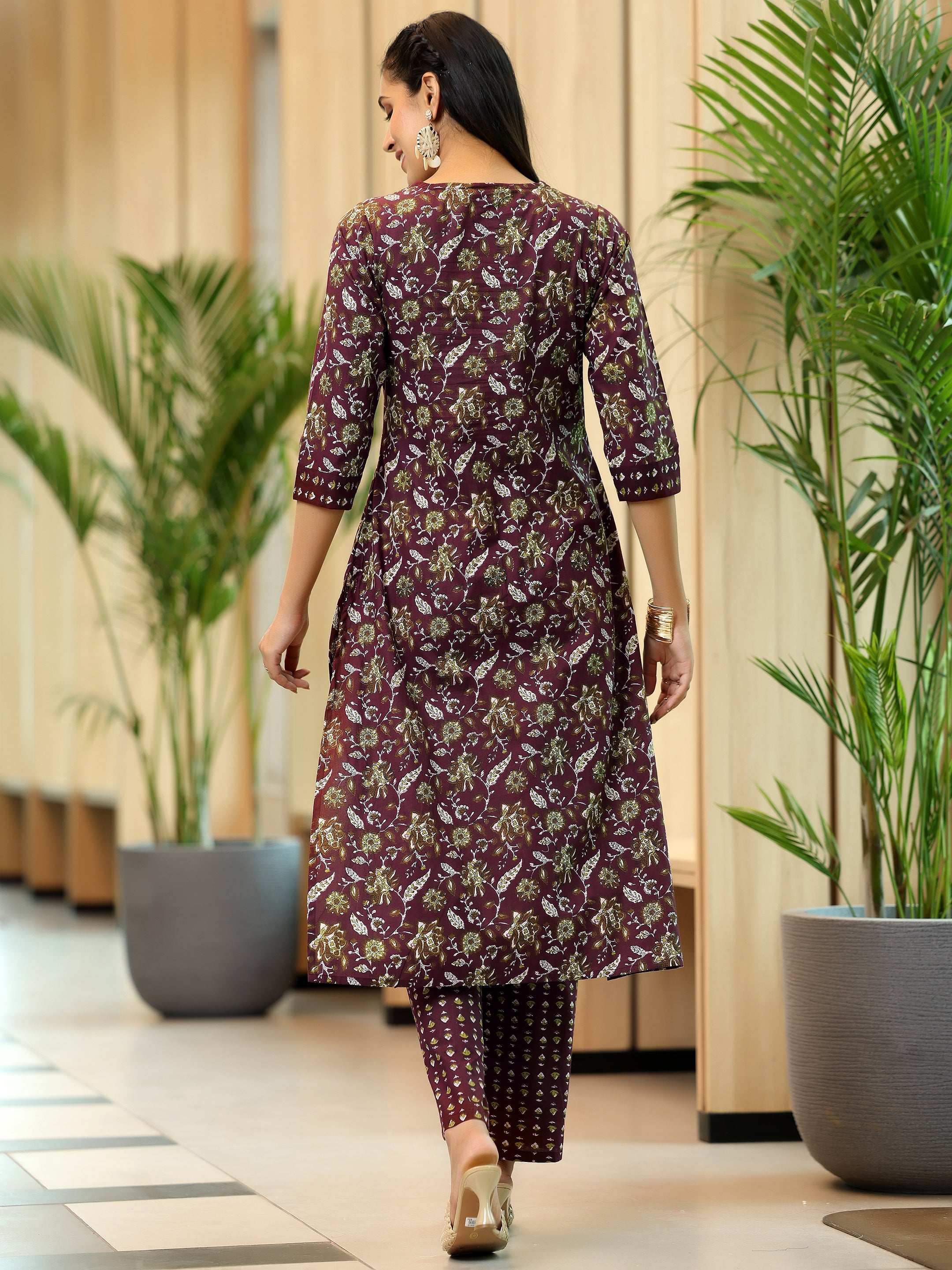 Brown Printed Cotton A-Line Kurta With Trousers