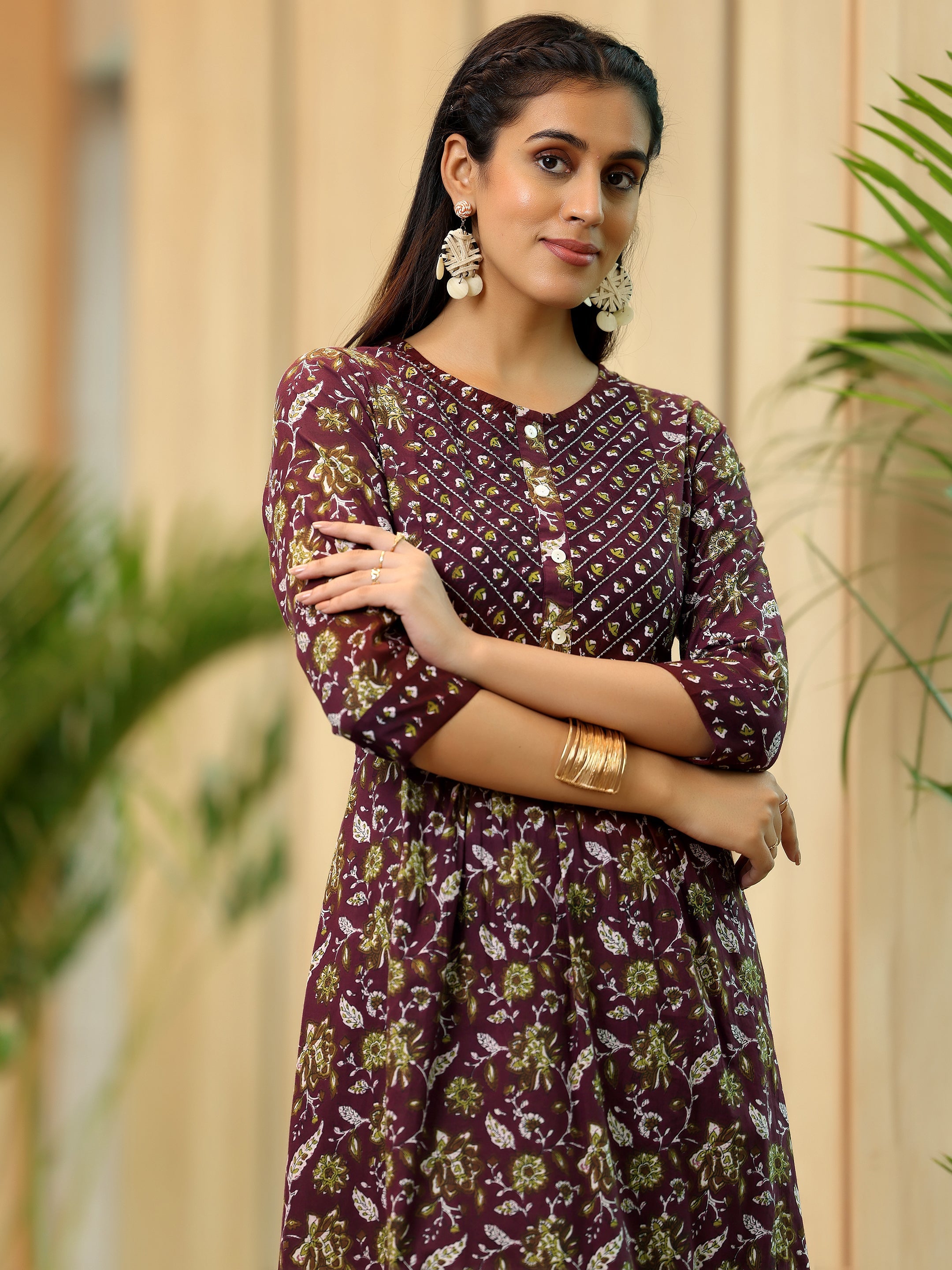 Brown Printed Cotton A-Line Kurta With Trousers