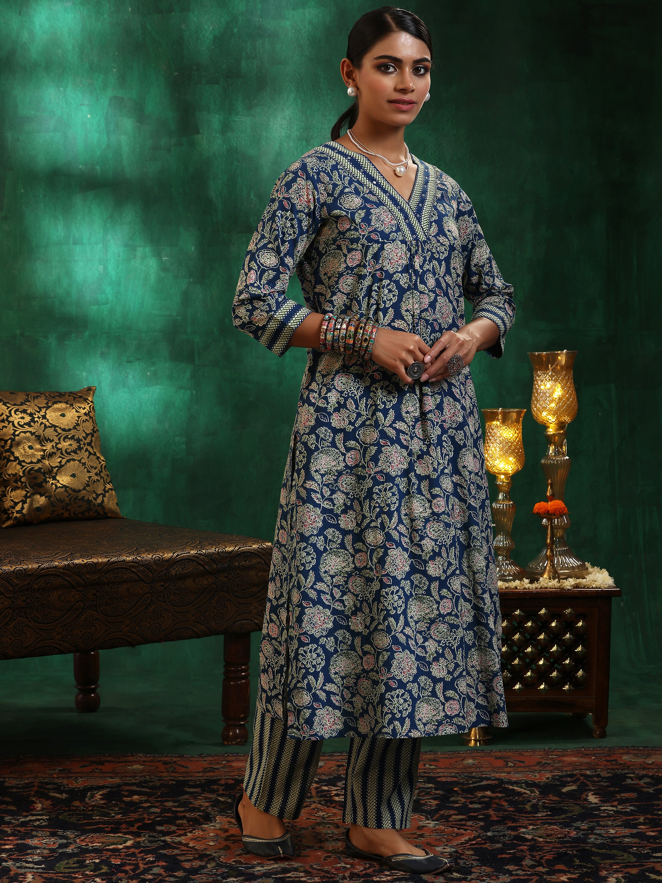 Blue Printed Cotton Straight Kurta Set