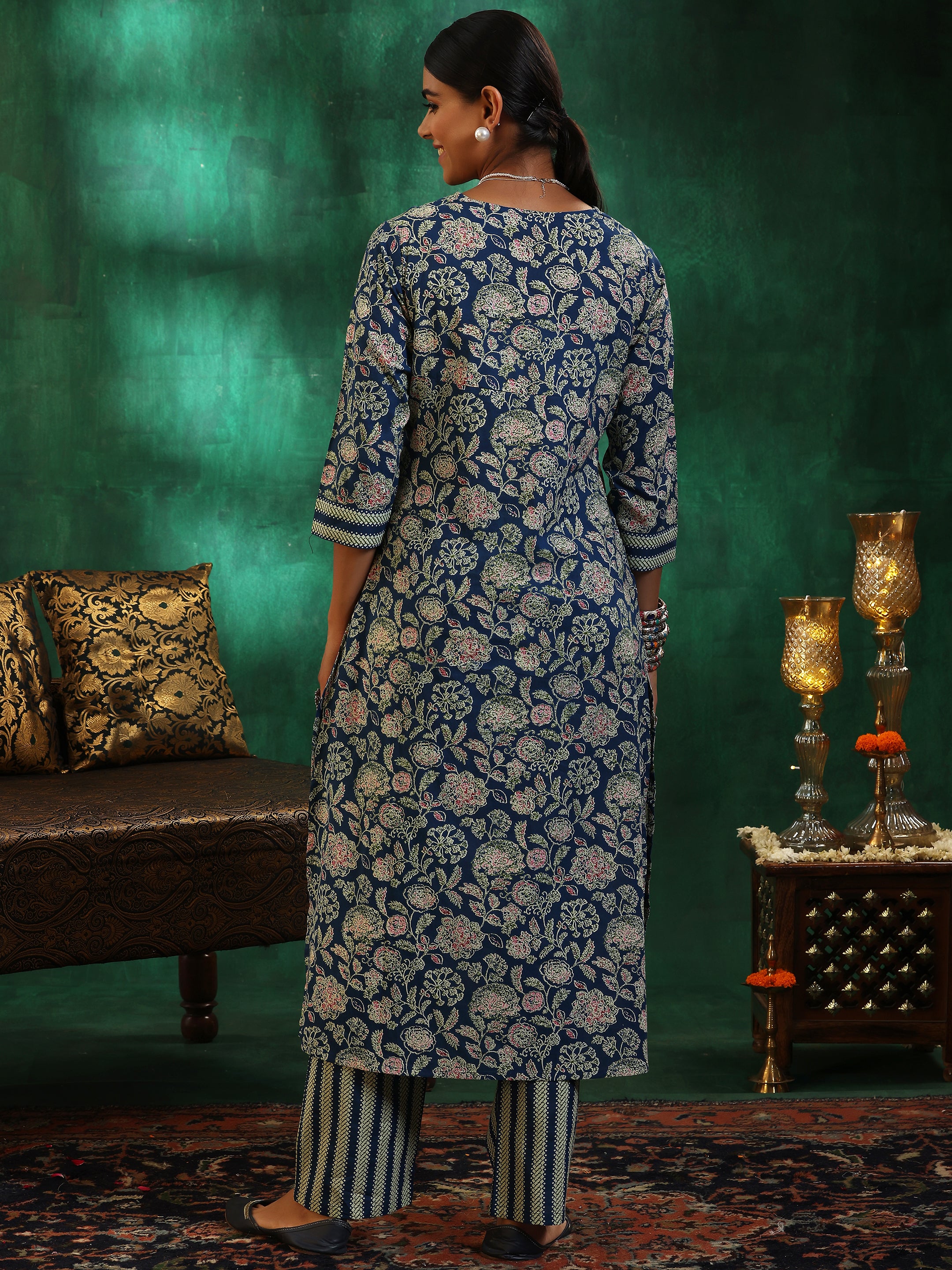 Blue Printed Cotton Straight Kurta Set