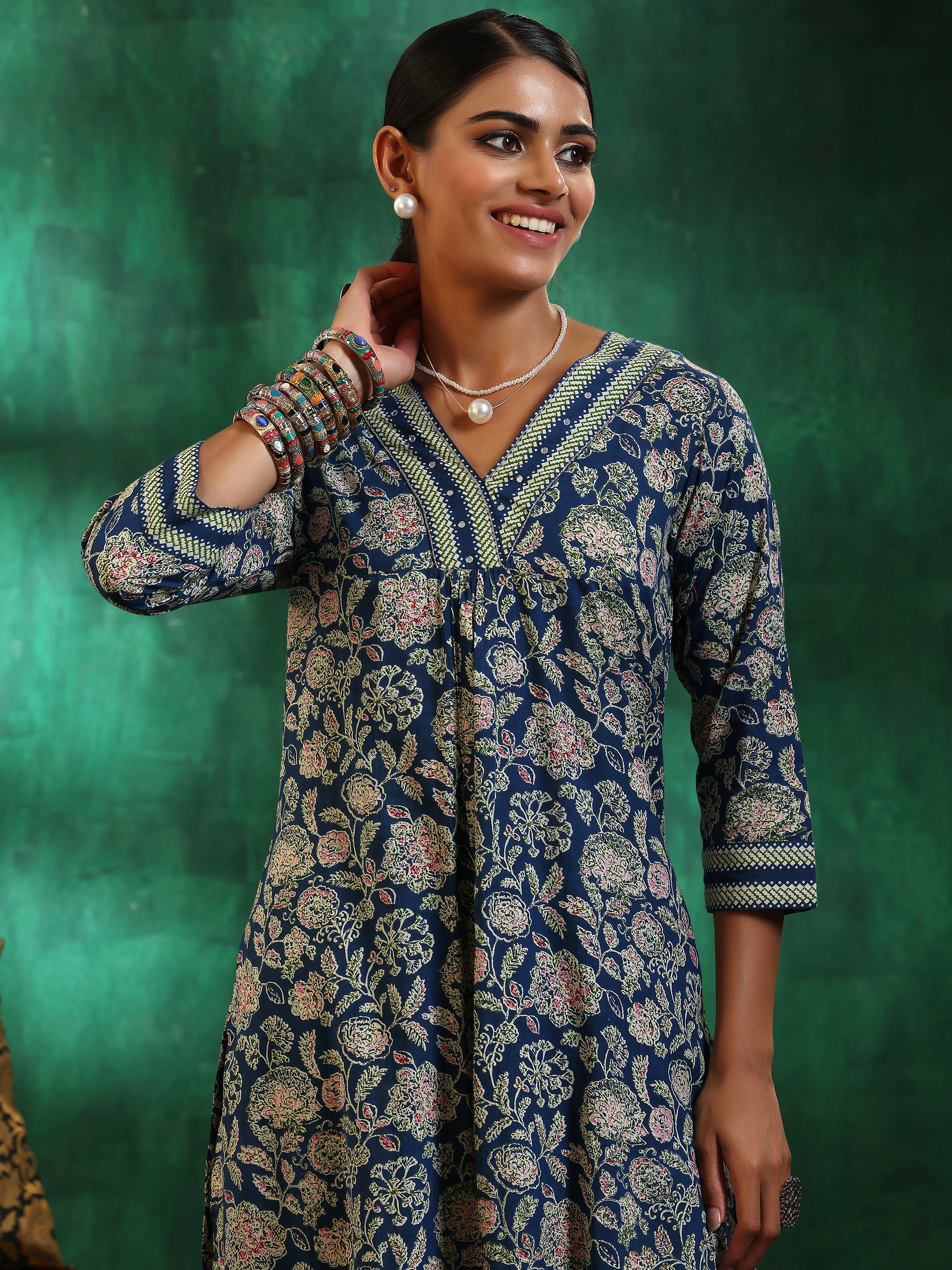 Blue Printed Cotton Straight Kurta Set