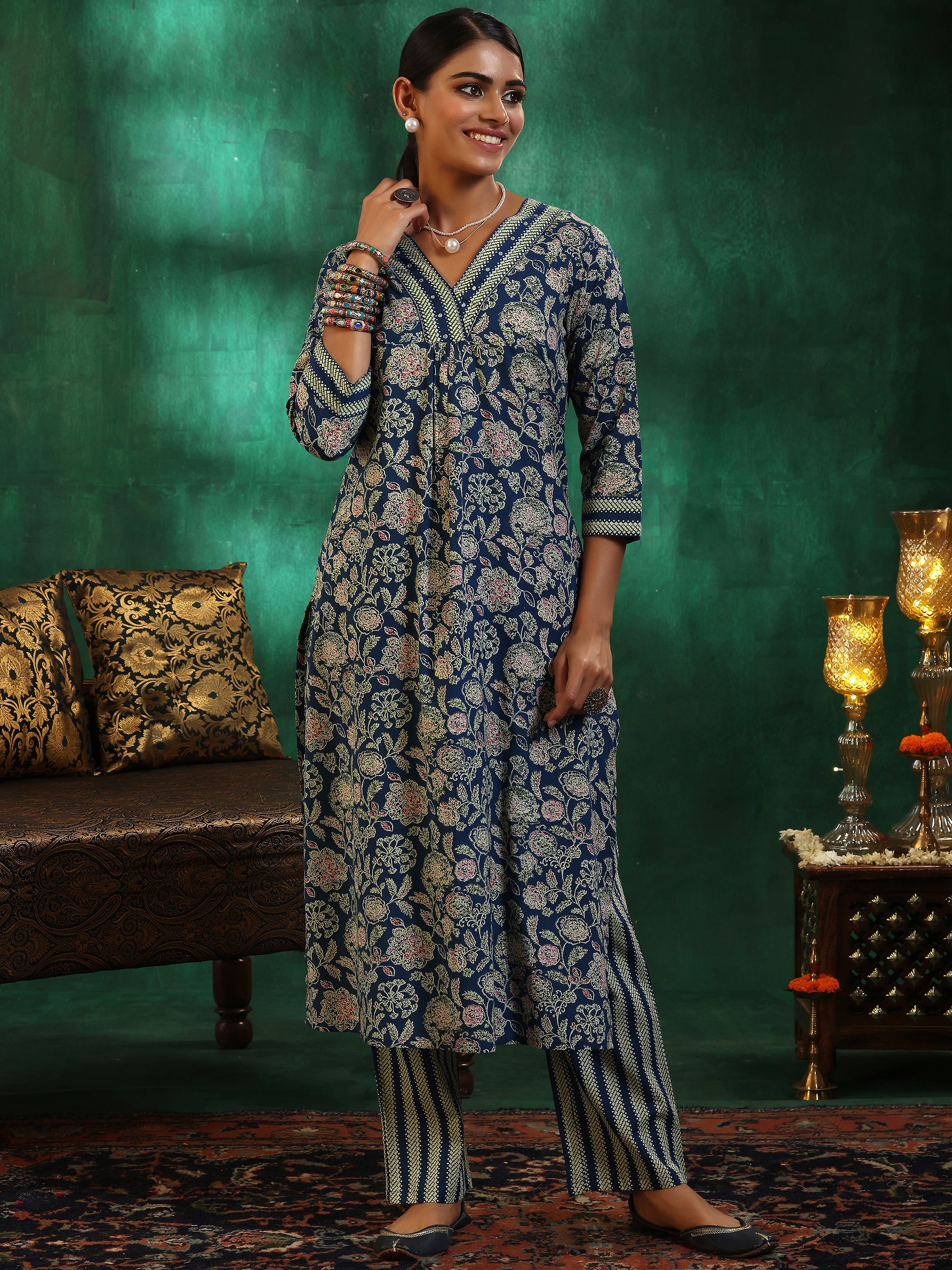 Blue Printed Cotton Straight Kurta Set