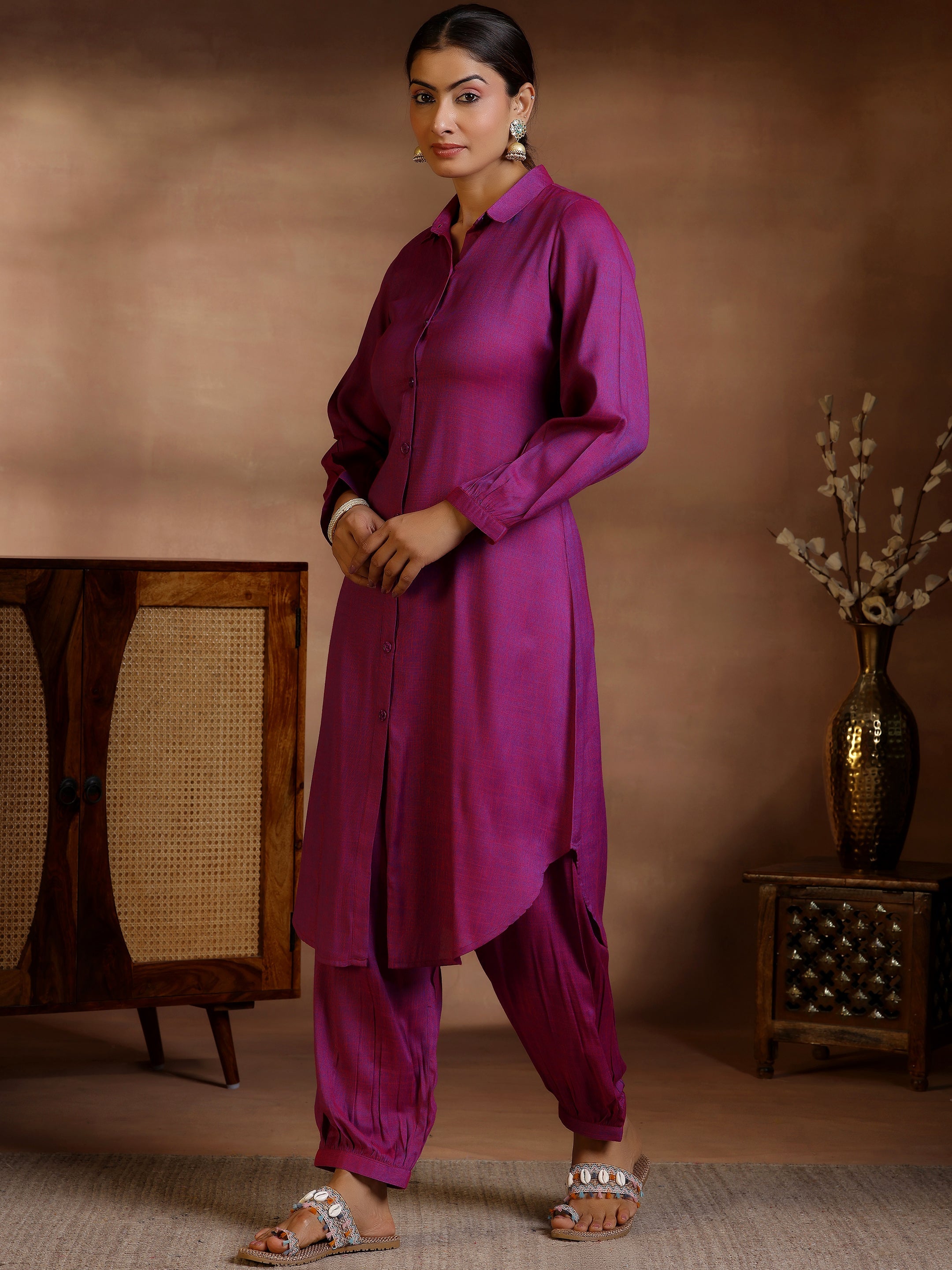 Magenta Solid Cotton Blend Co-Ords