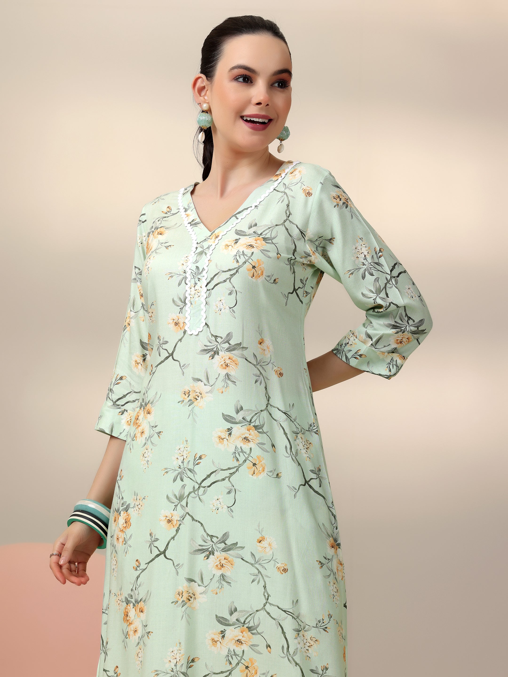 Sea Green Printed Silk Blend Co-Ords