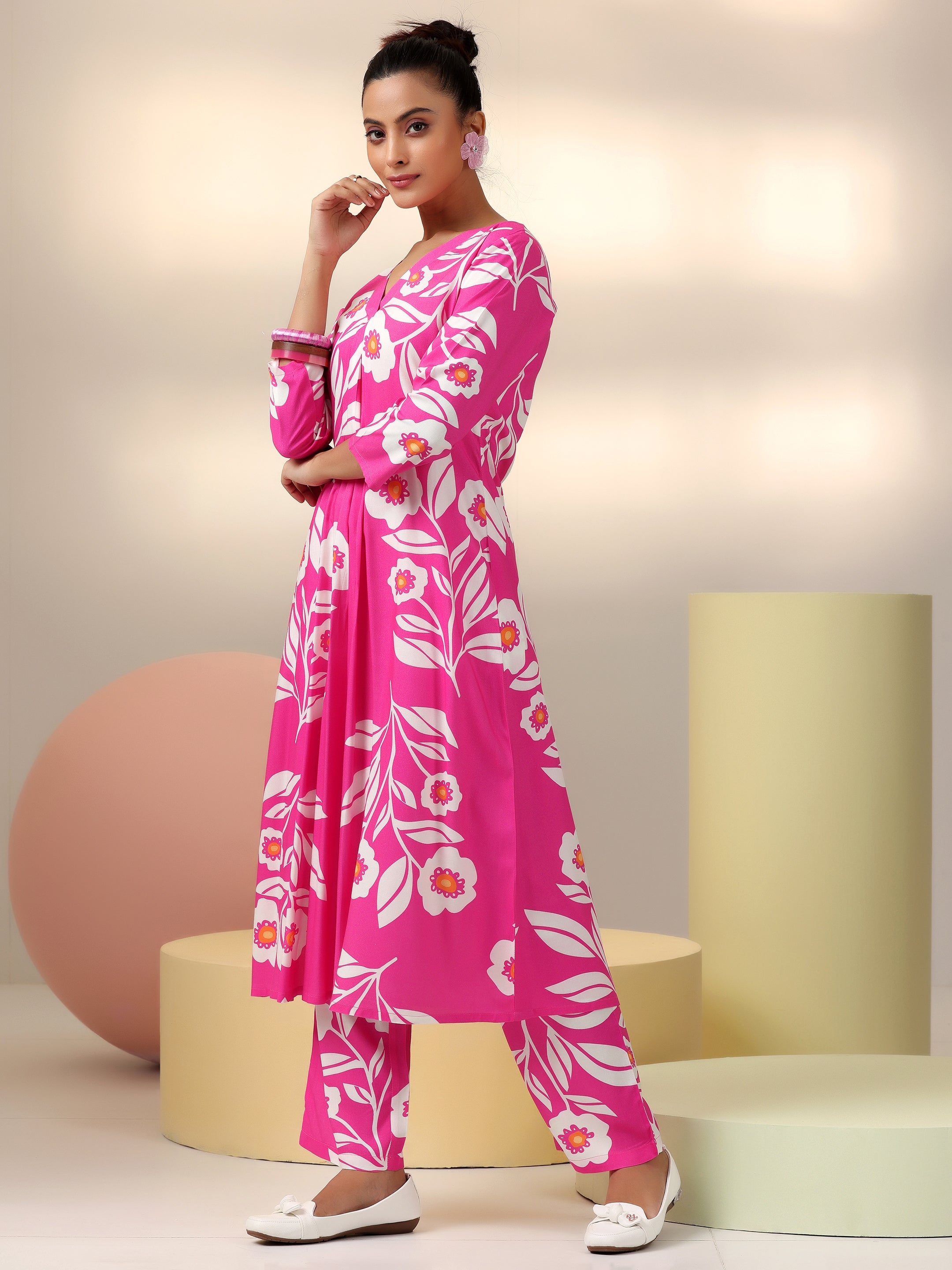 Pink Printed Silk Blend Co-Ords