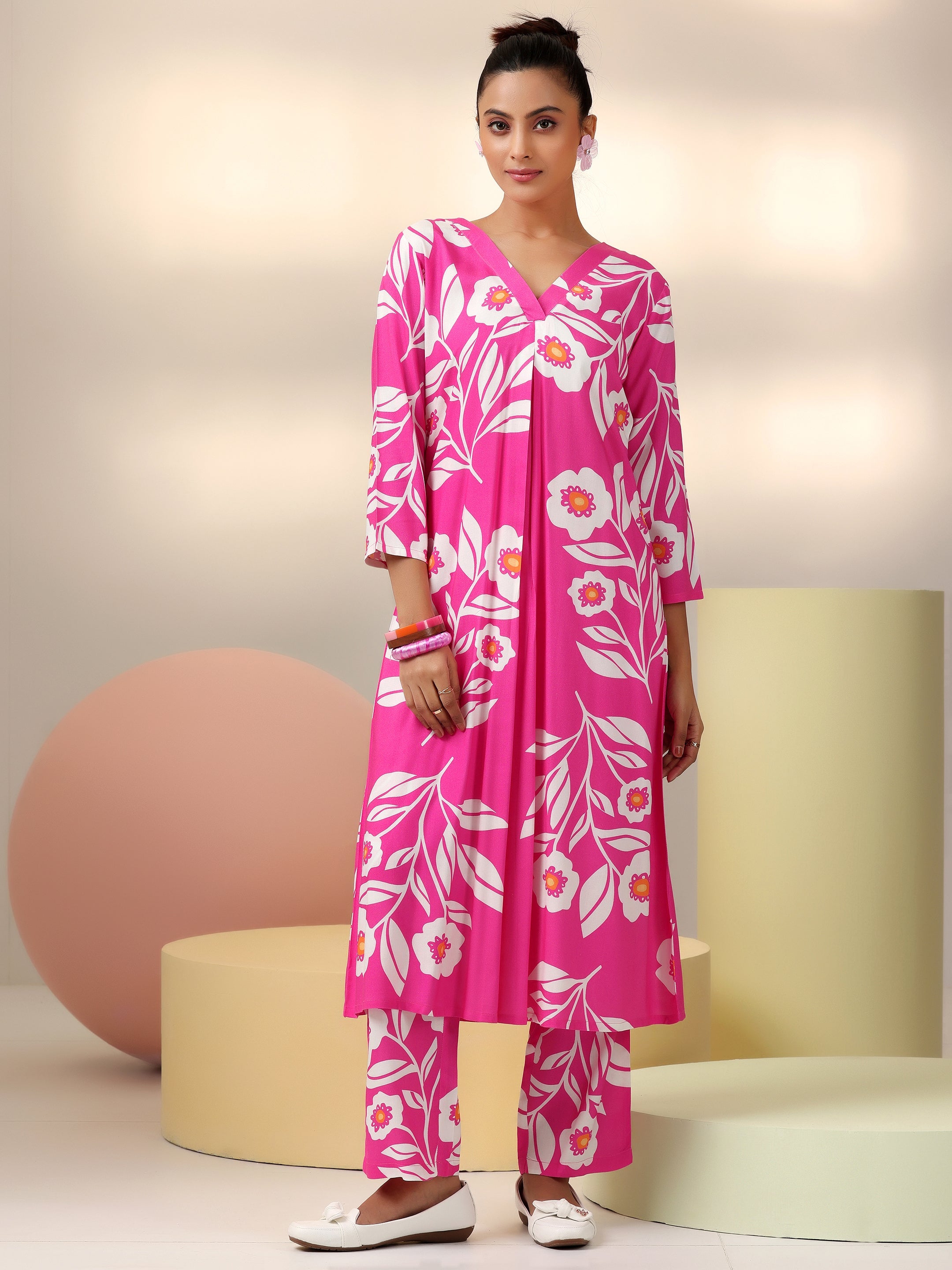 Pink Printed Silk Blend Co-Ords