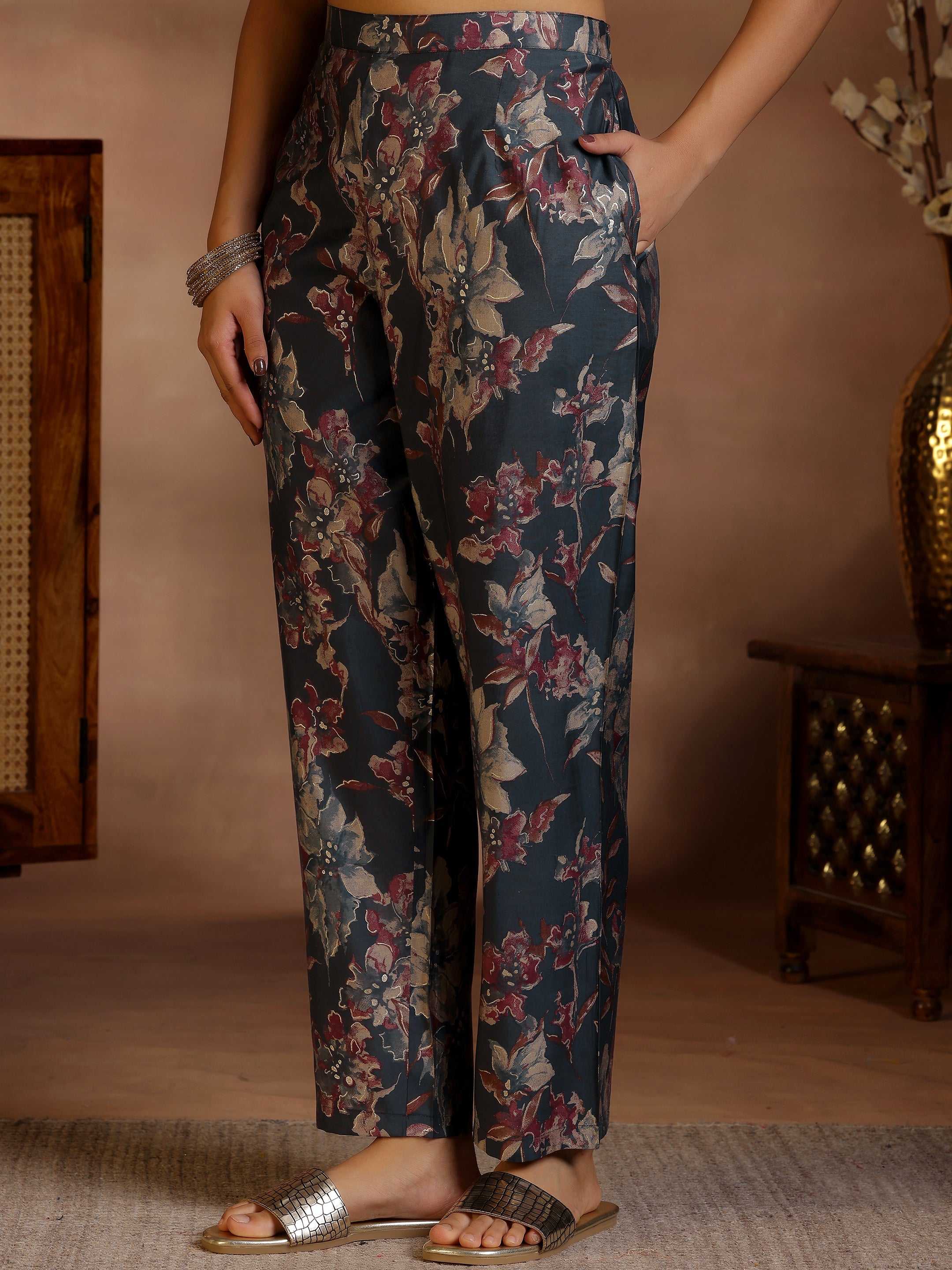 Black Printed Silk Blend Co-Ords