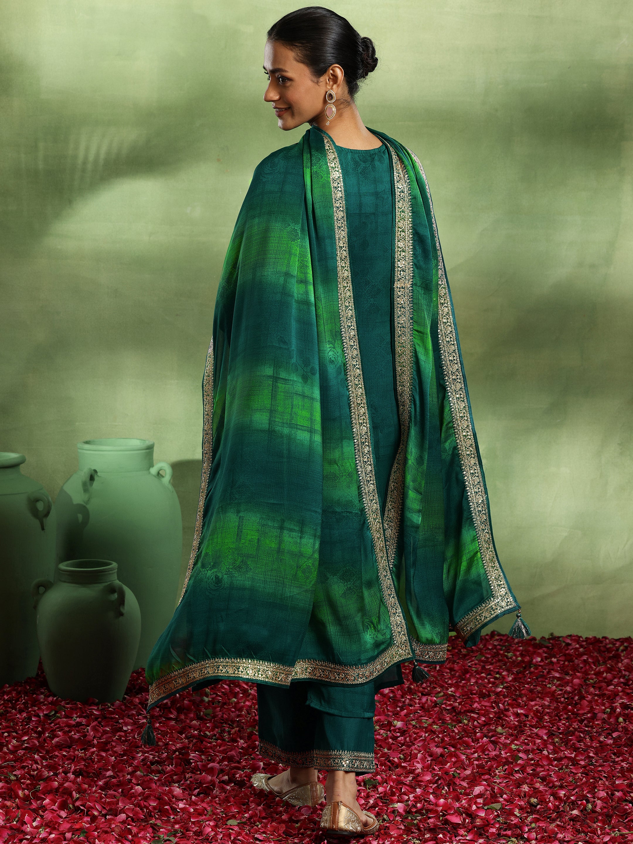 Green Yoke Design Silk Blend Straight Suit With Dupatta