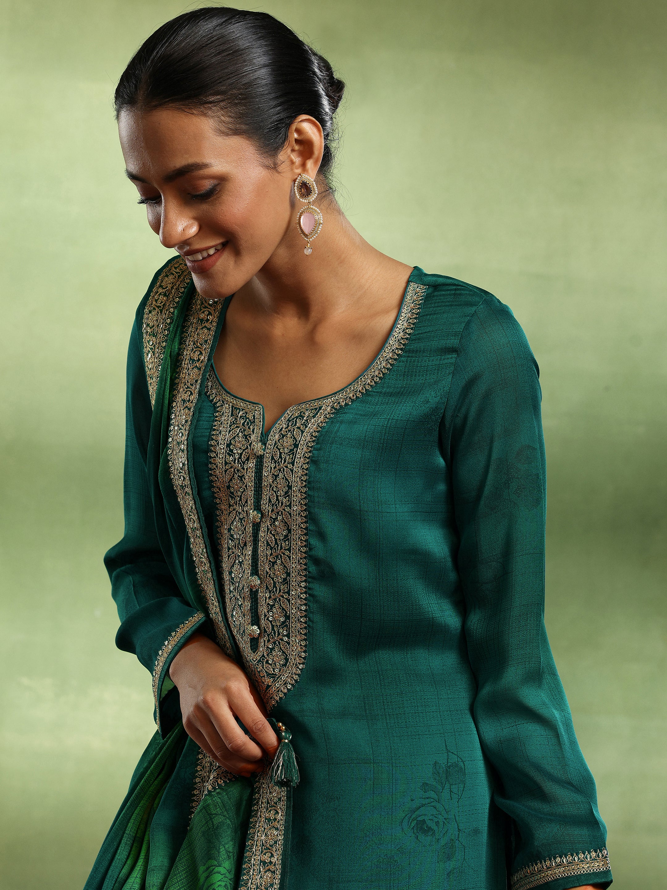 Green Yoke Design Silk Blend Straight Suit With Dupatta