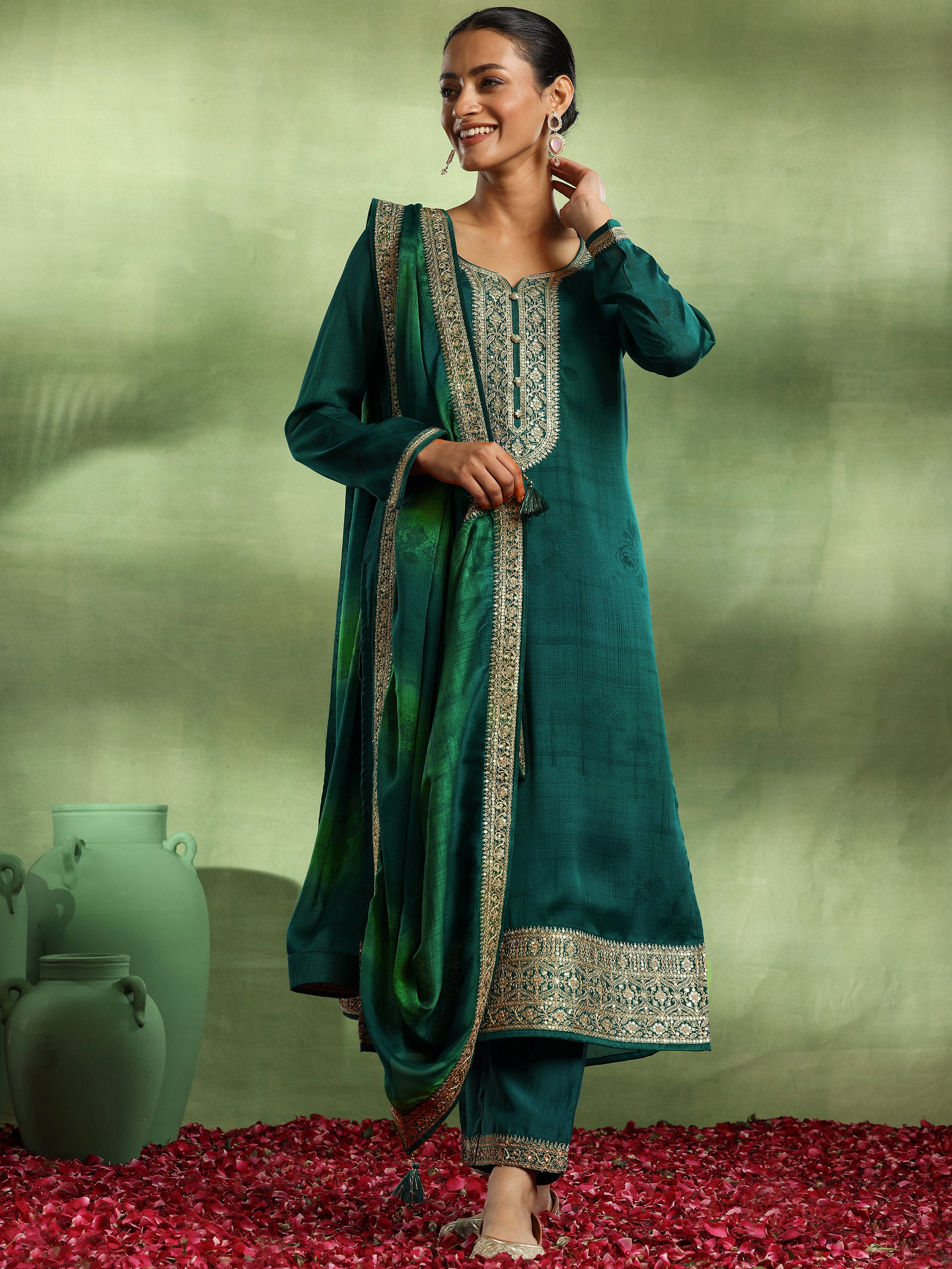 Green Yoke Design Silk Blend Straight Suit With Dupatta