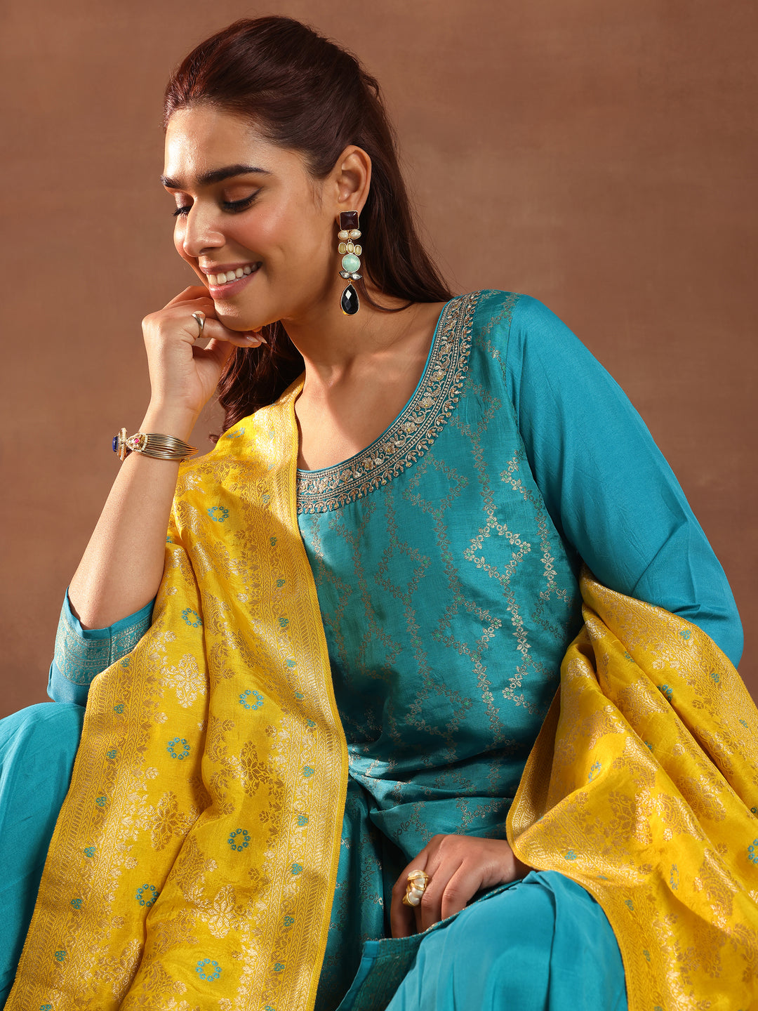 Green Woven Design Silk Blend Straight Suit With Dupatta