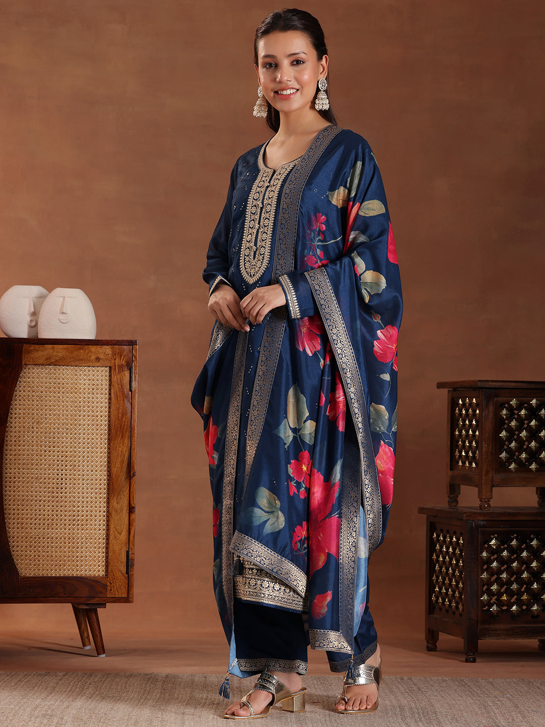 Blue Embroidered Silk Blend Straight Suit With Dupatta