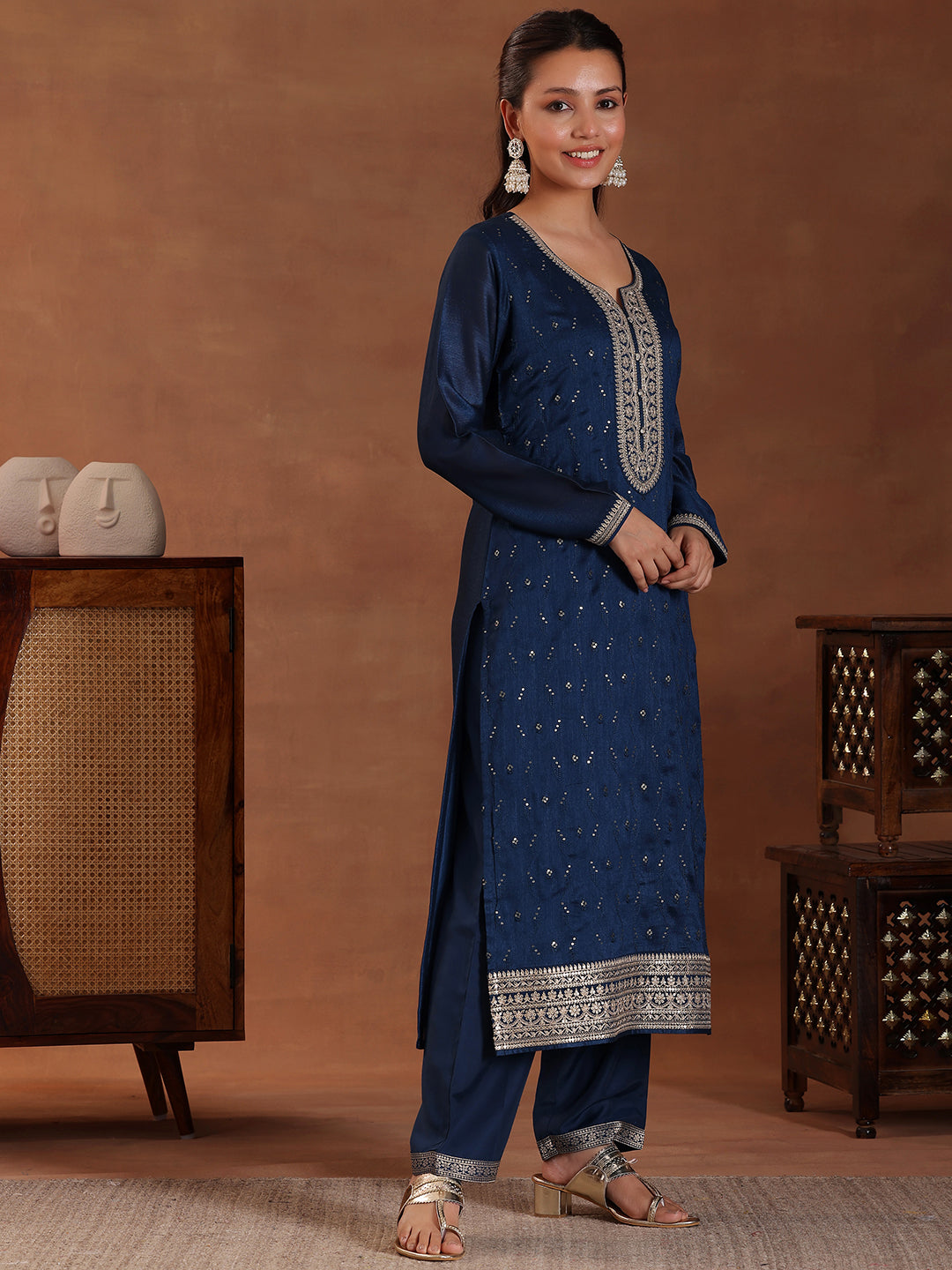 Blue Embroidered Silk Blend Straight Suit With Dupatta