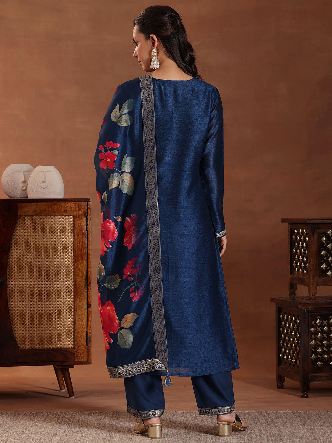 Blue Embroidered Silk Blend Straight Suit With Dupatta