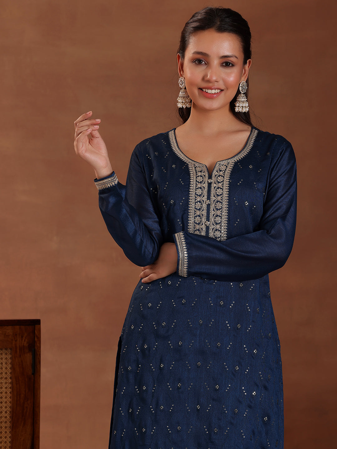 Blue Embroidered Silk Blend Straight Suit With Dupatta