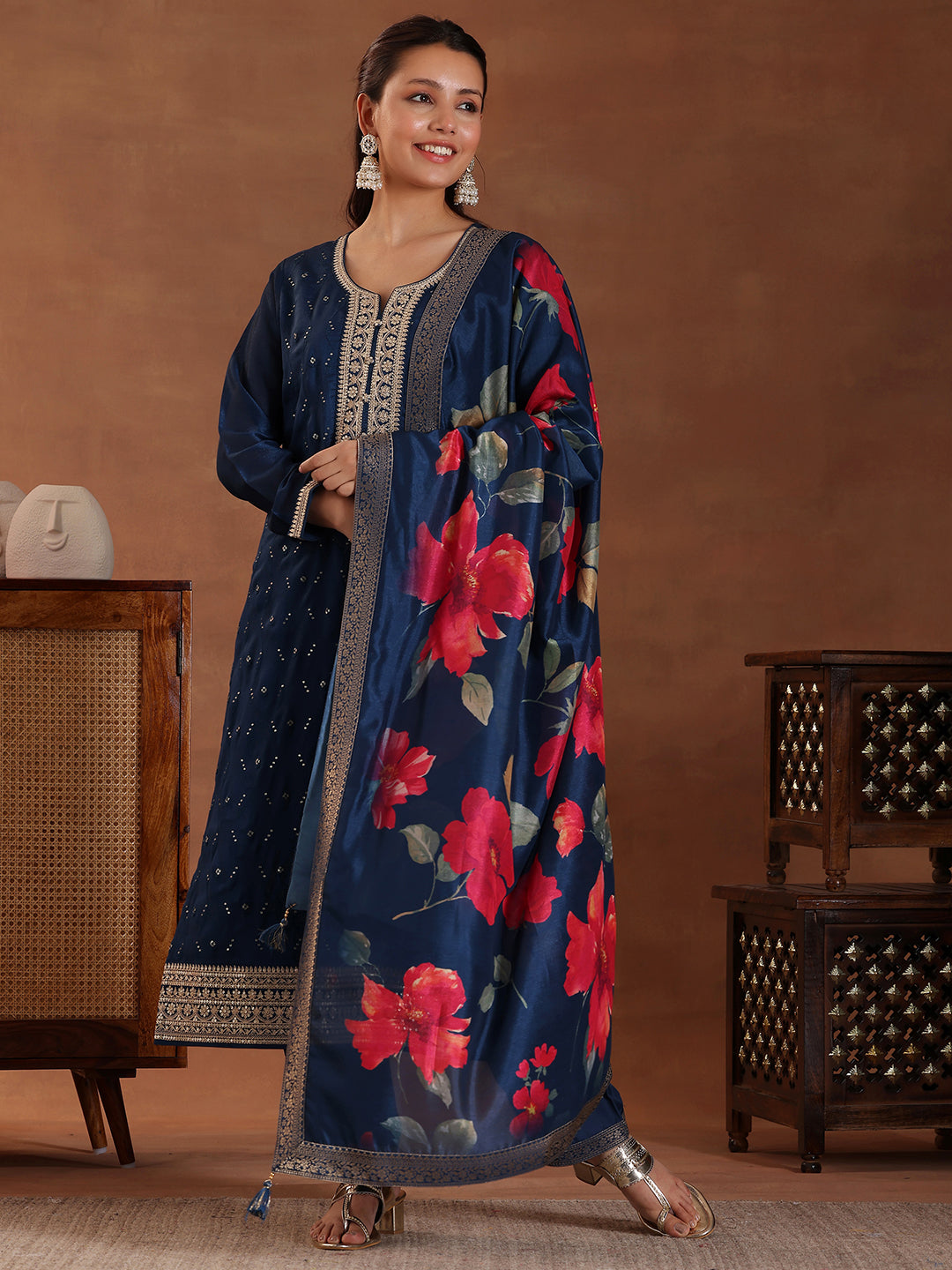 Blue Embroidered Silk Blend Straight Suit With Dupatta