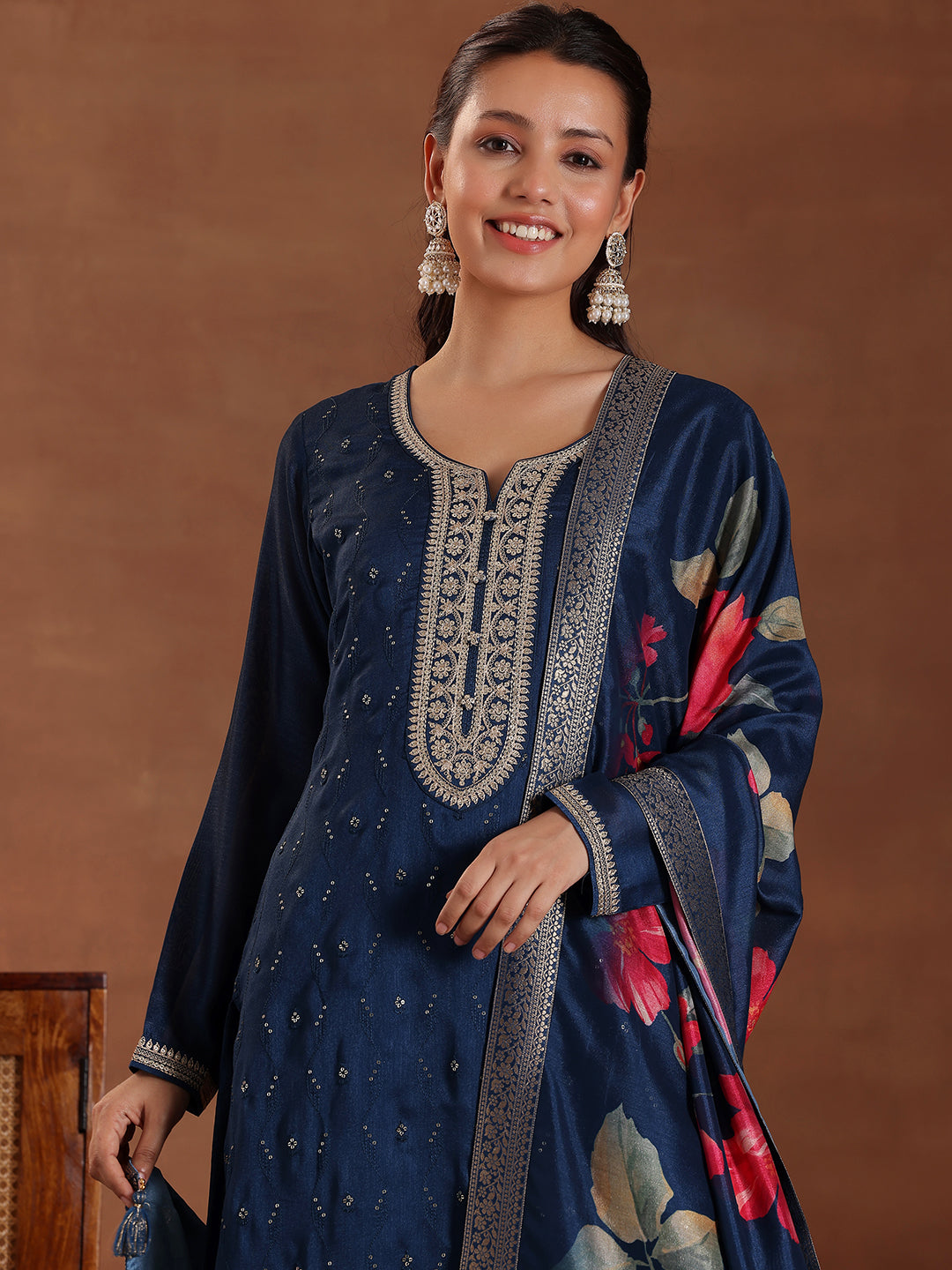 Blue Embroidered Silk Blend Straight Suit With Dupatta