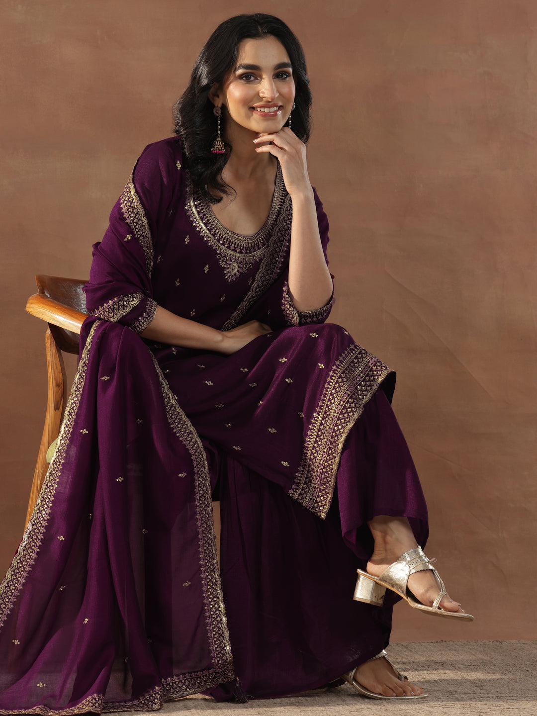 Burgundy Embroidered Silk Blend Straight Sharara Suit Set With Dupatta