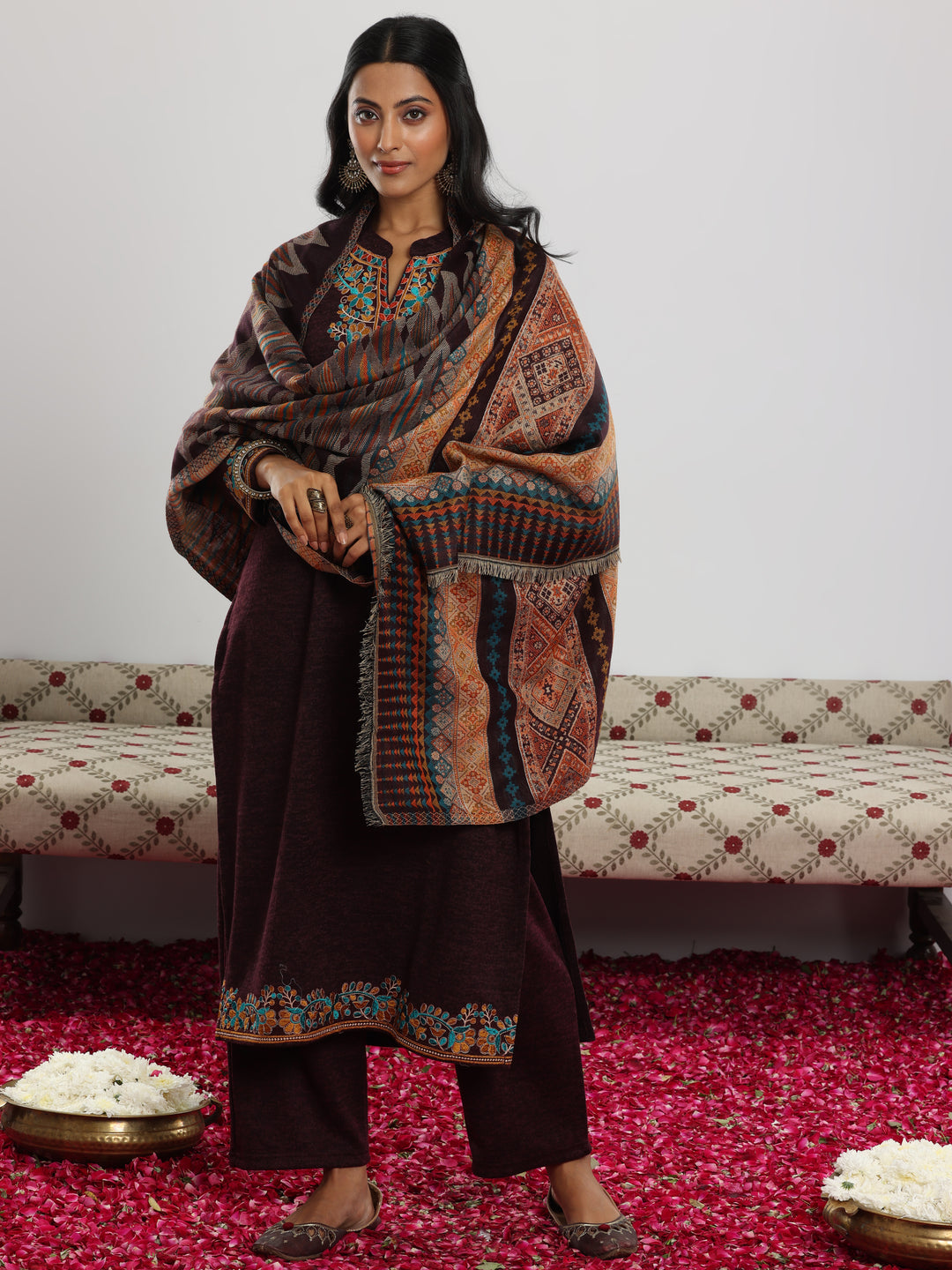 Wine Embroidered Wool Blend Straight Suit With Dupatta