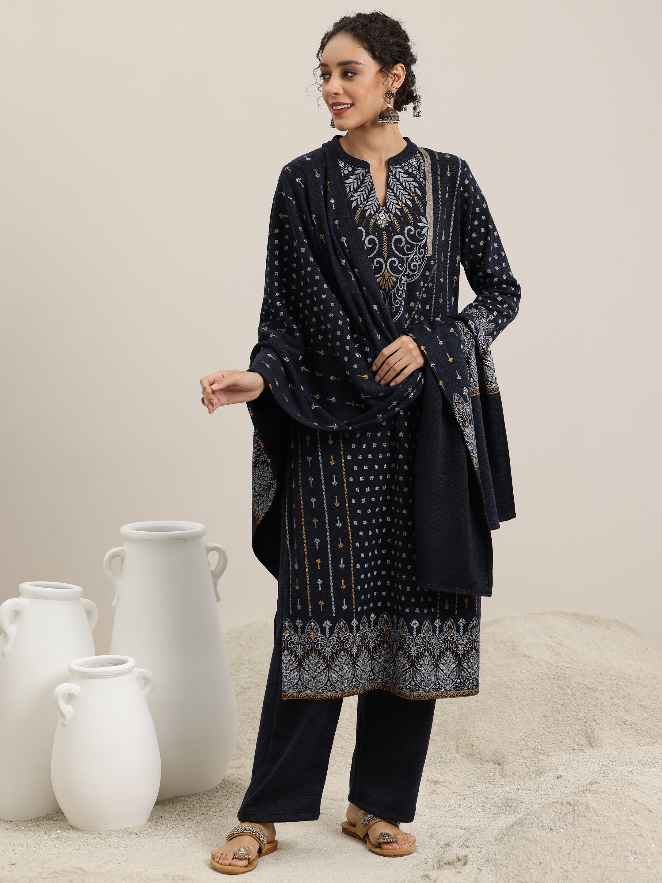 Blue Priinted Wool Blend Straight Suit With Dupatta