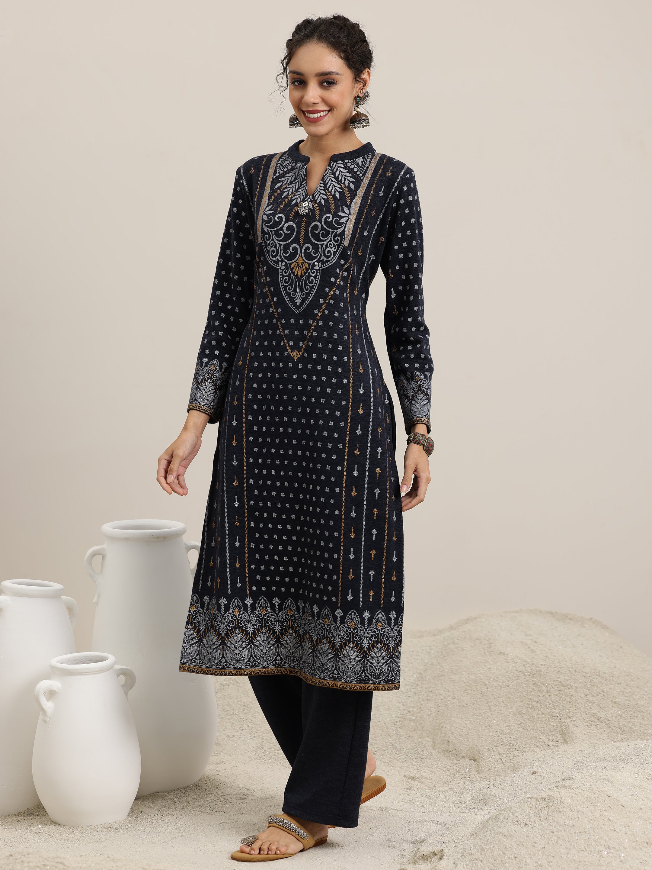 Blue Priinted Wool Blend Straight Suit With Dupatta