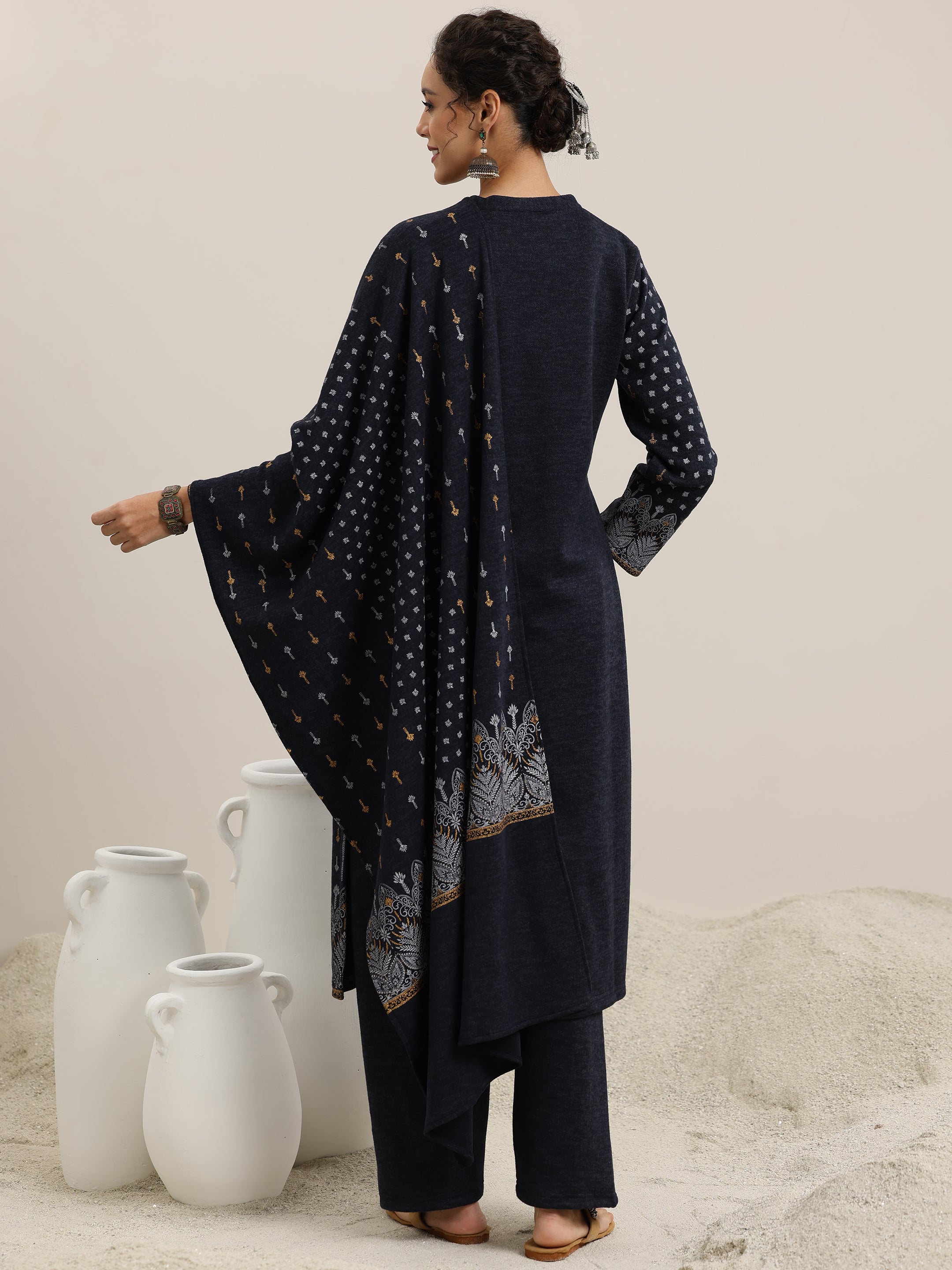 Blue Priinted Wool Blend Straight Suit With Dupatta