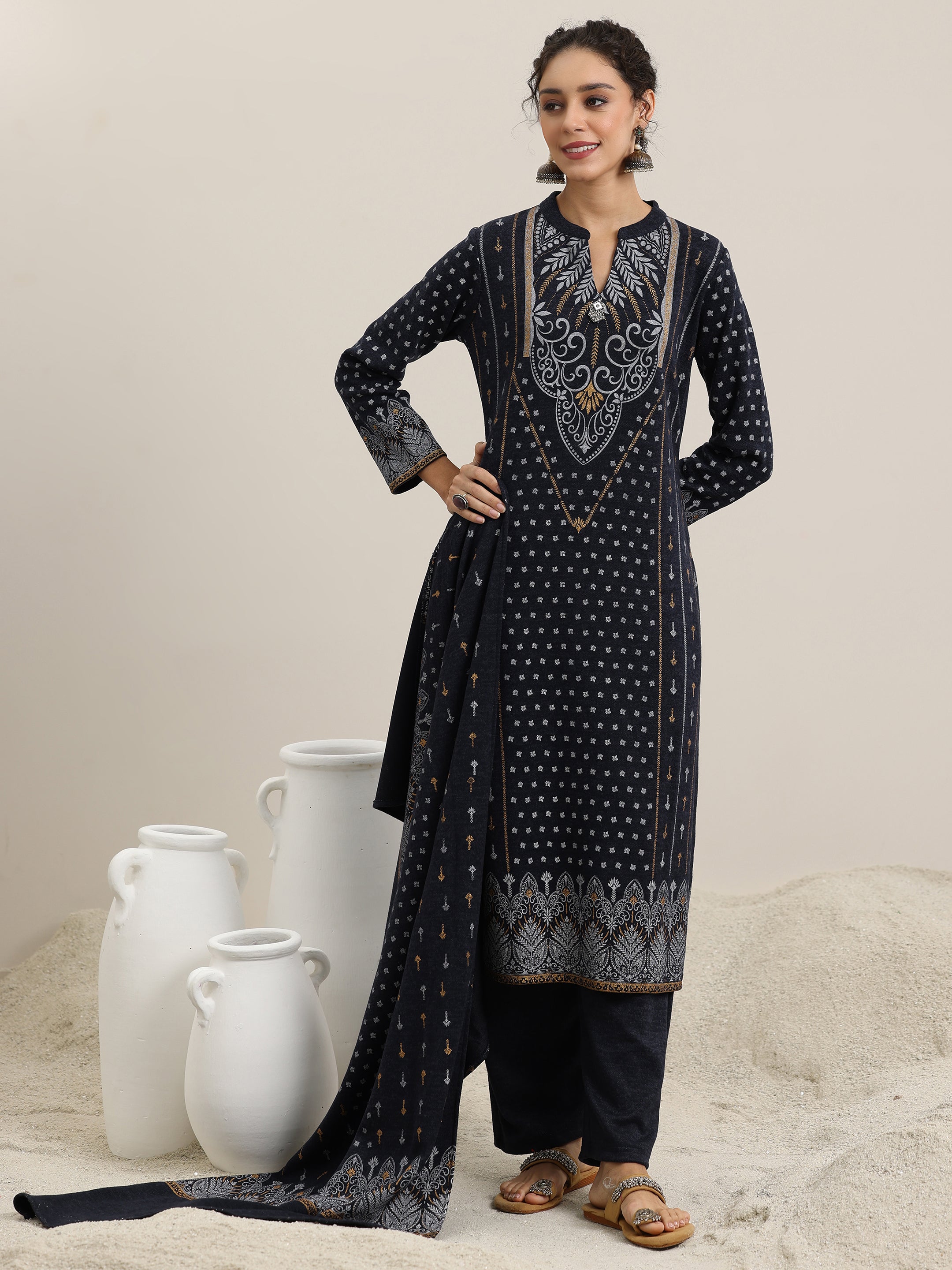 Blue Priinted Wool Blend Straight Suit With Dupatta