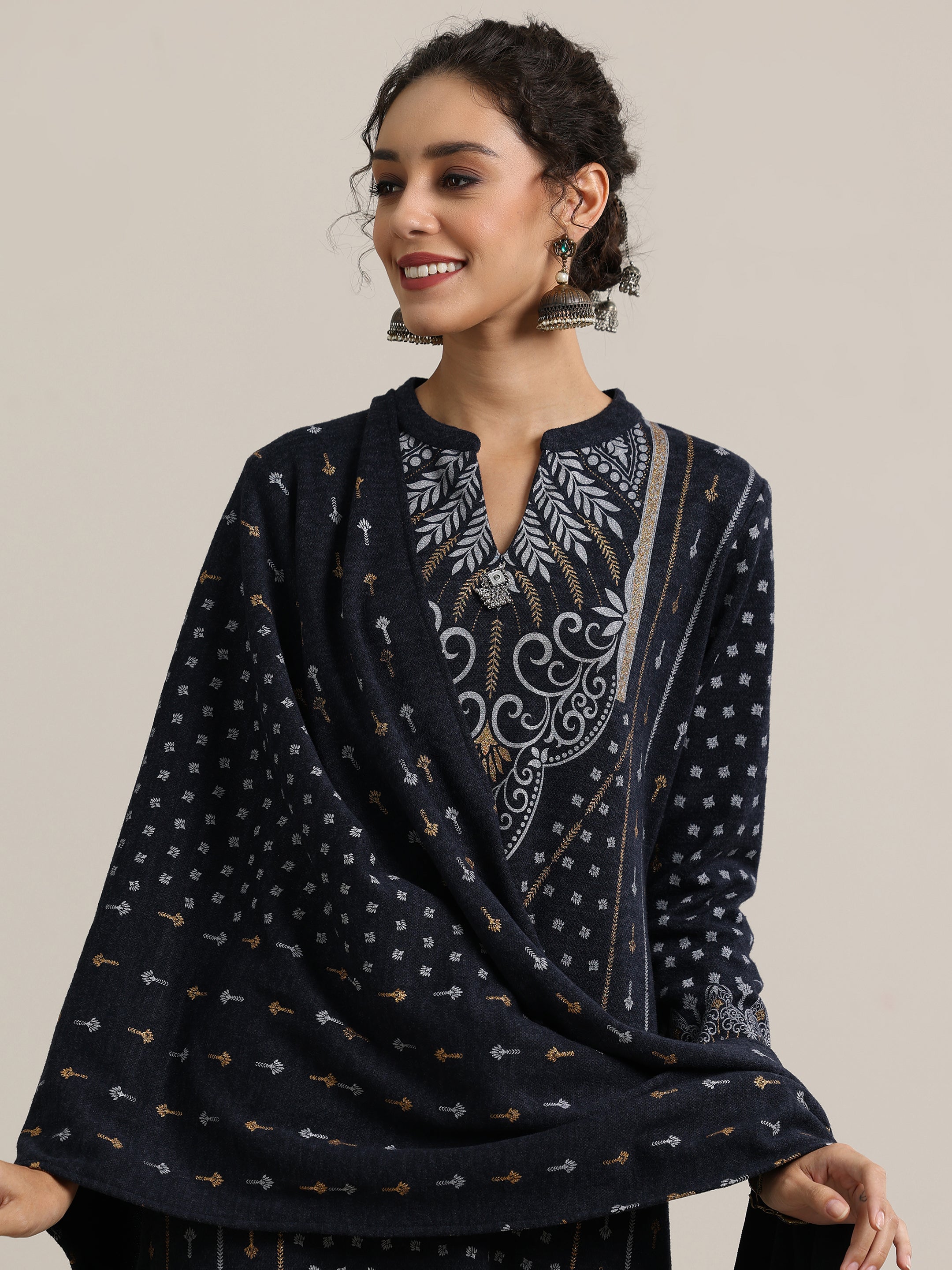 Blue Priinted Wool Blend Straight Suit With Dupatta