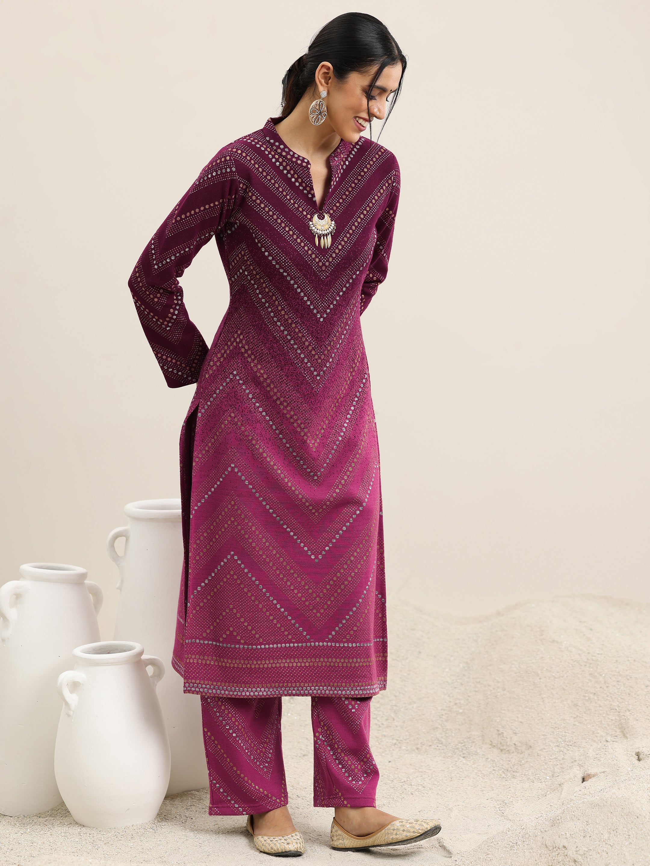 Pink Woven Design Wool Blend Straight Suit With Dupatta