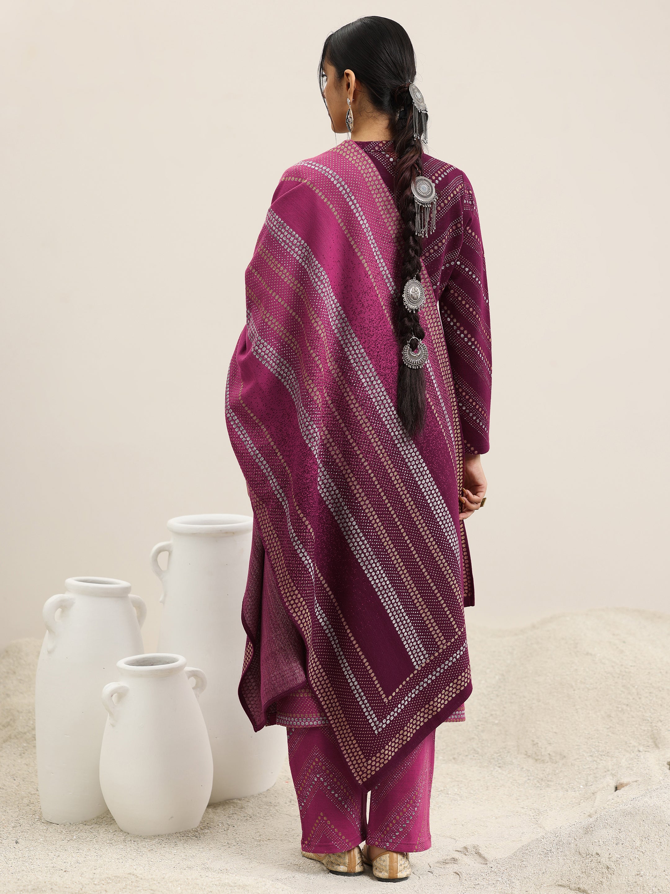 Pink Woven Design Wool Blend Straight Suit With Dupatta