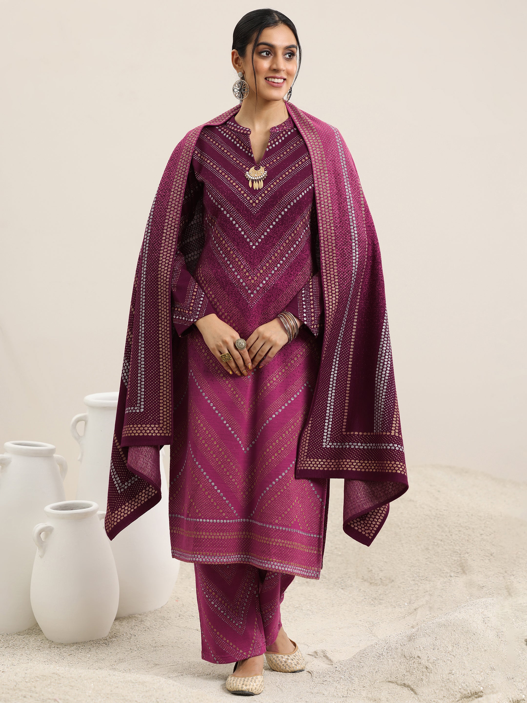 Pink Woven Design Wool Blend Straight Suit With Dupatta