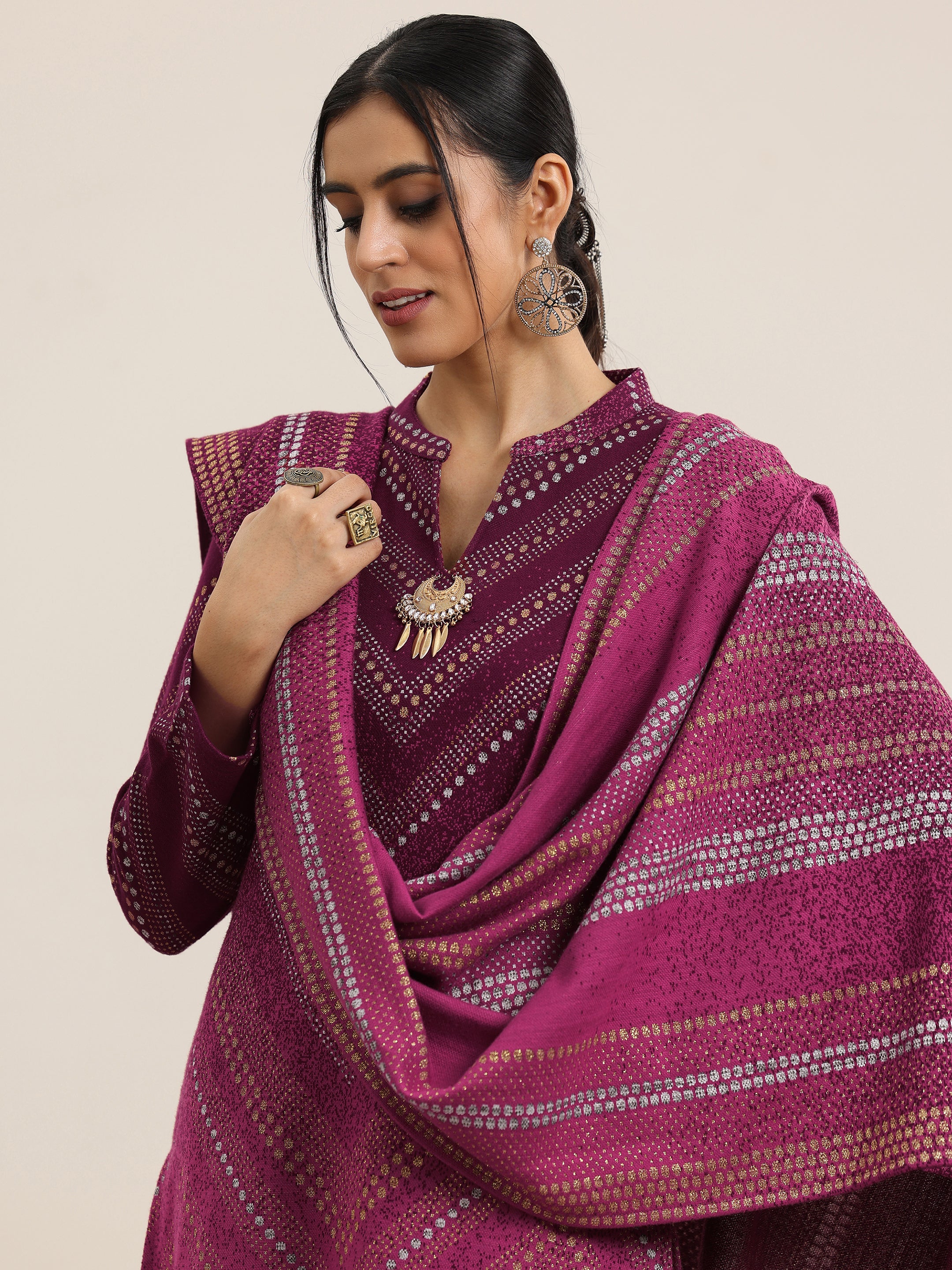 Pink Woven Design Wool Blend Straight Suit With Dupatta