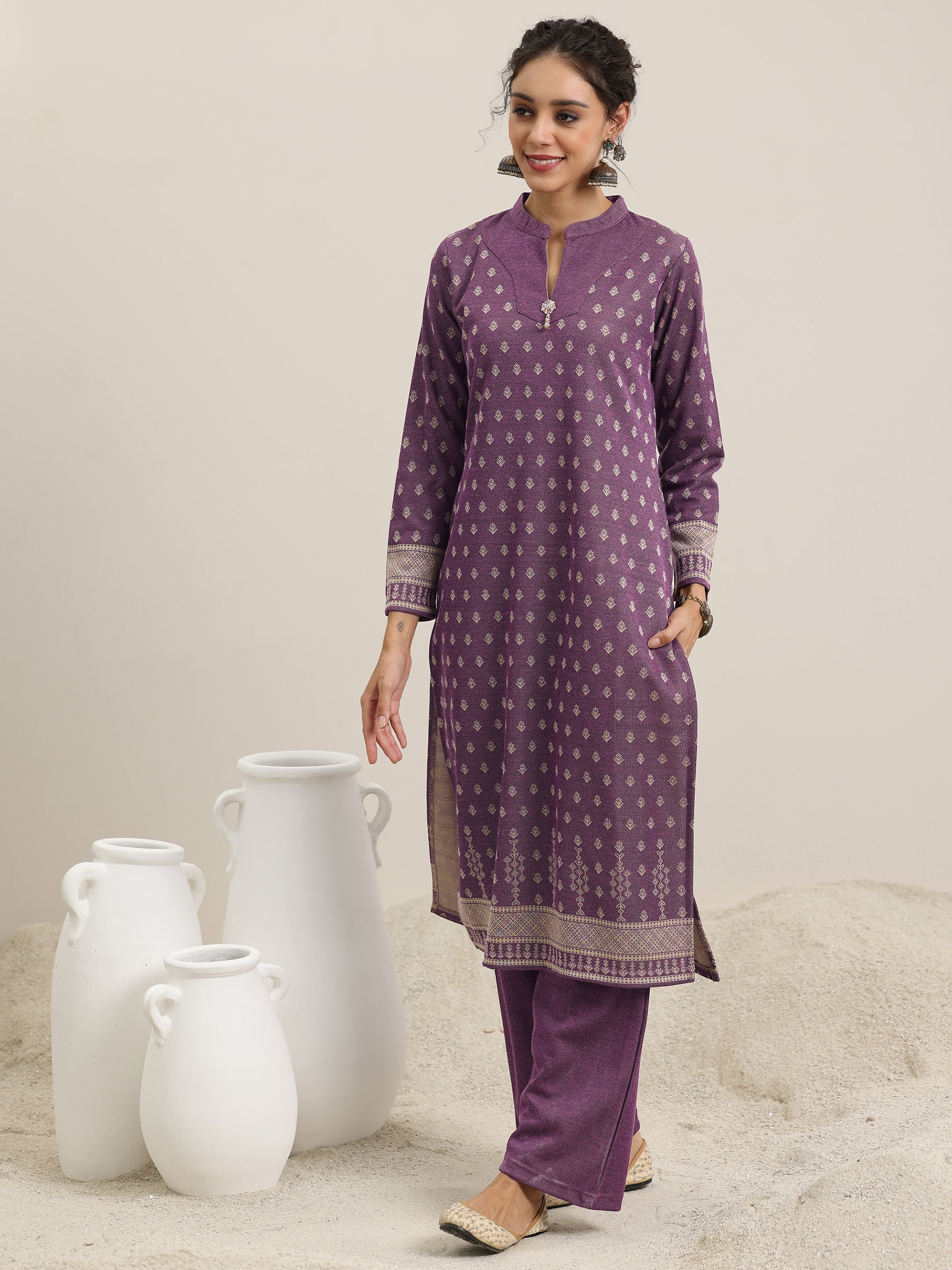 Wine Woven Design Wool Blend Straight Suit With Dupatta