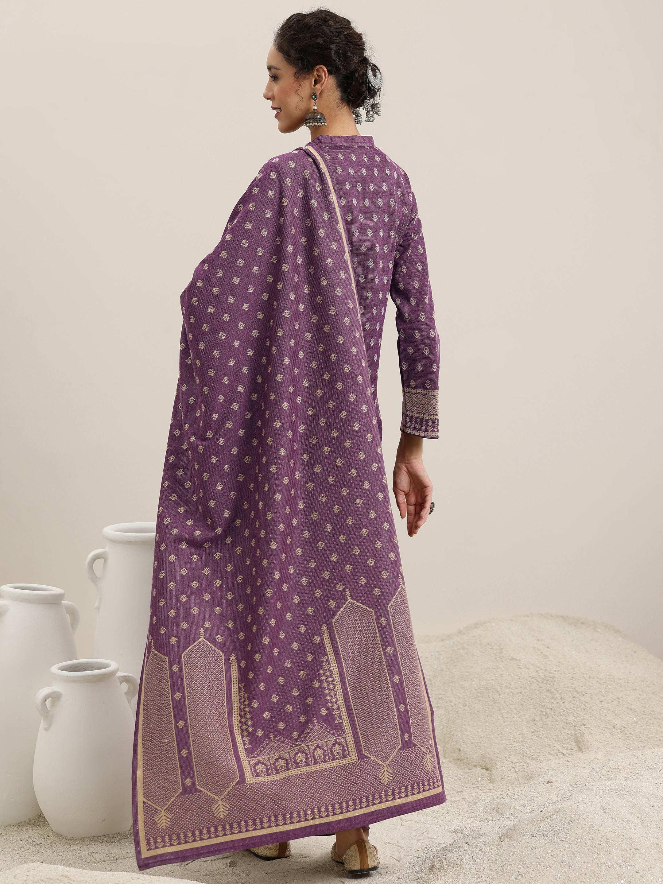 Wine Woven Design Wool Blend Straight Suit With Dupatta