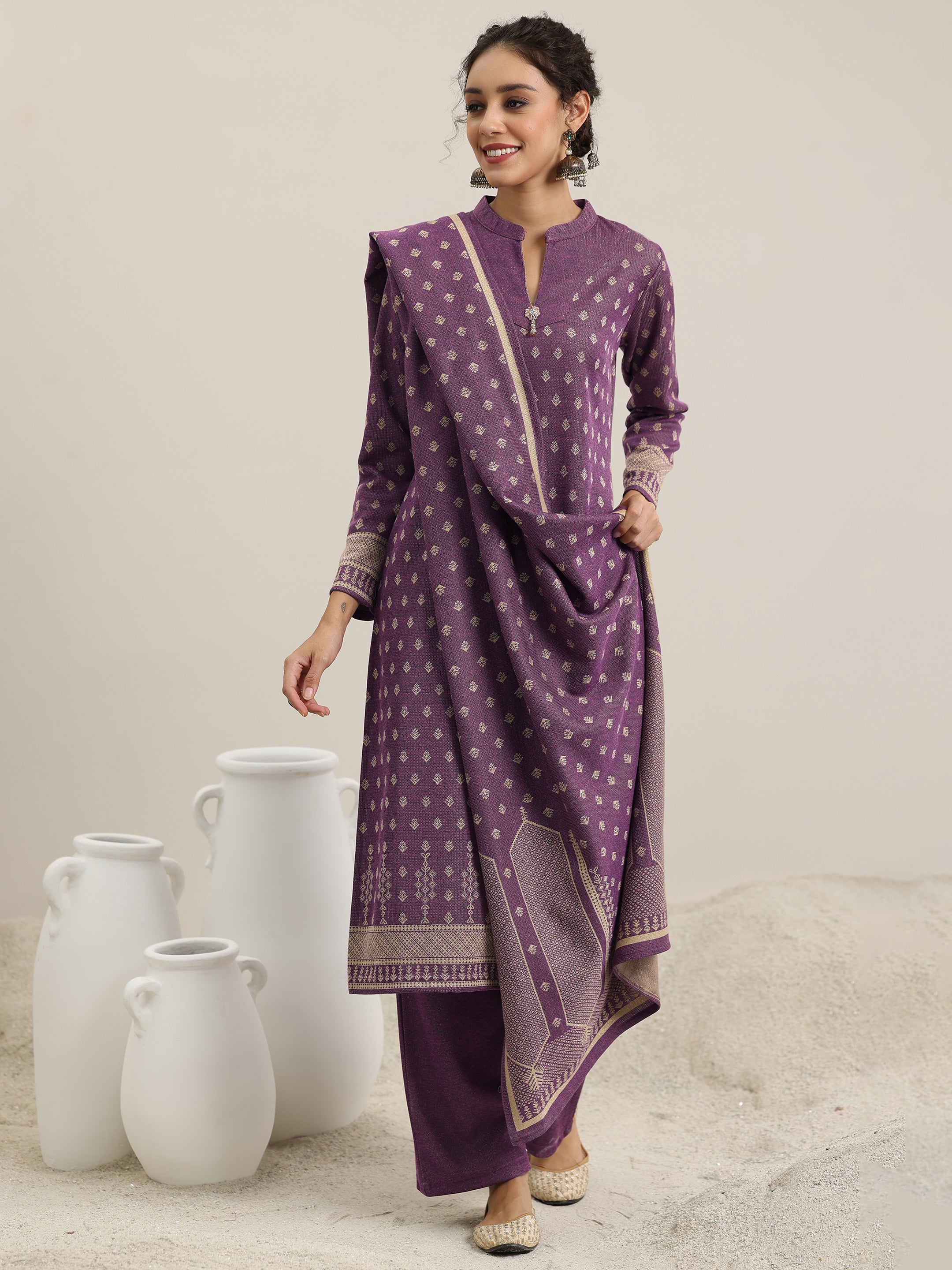 Wine Woven Design Wool Blend Straight Suit With Dupatta