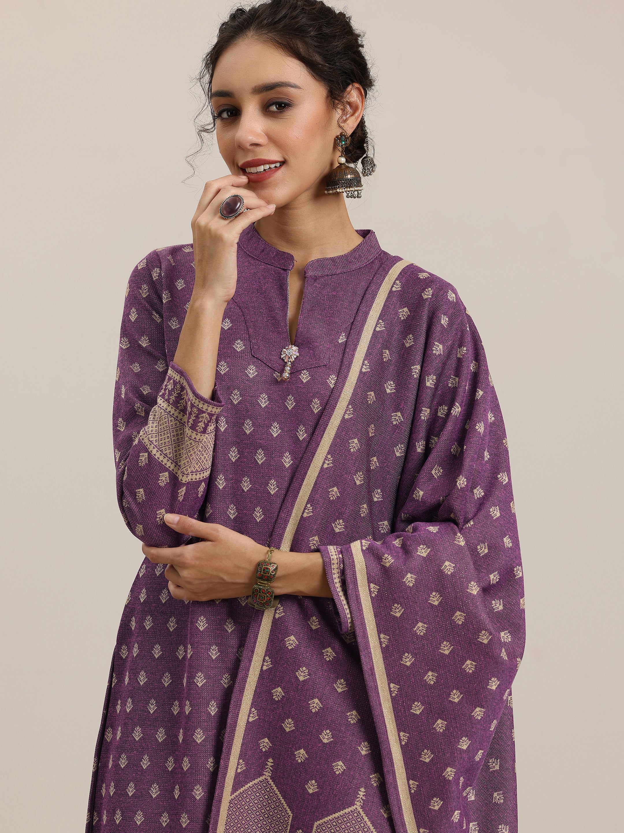 Wine Woven Design Wool Blend Straight Suit With Dupatta