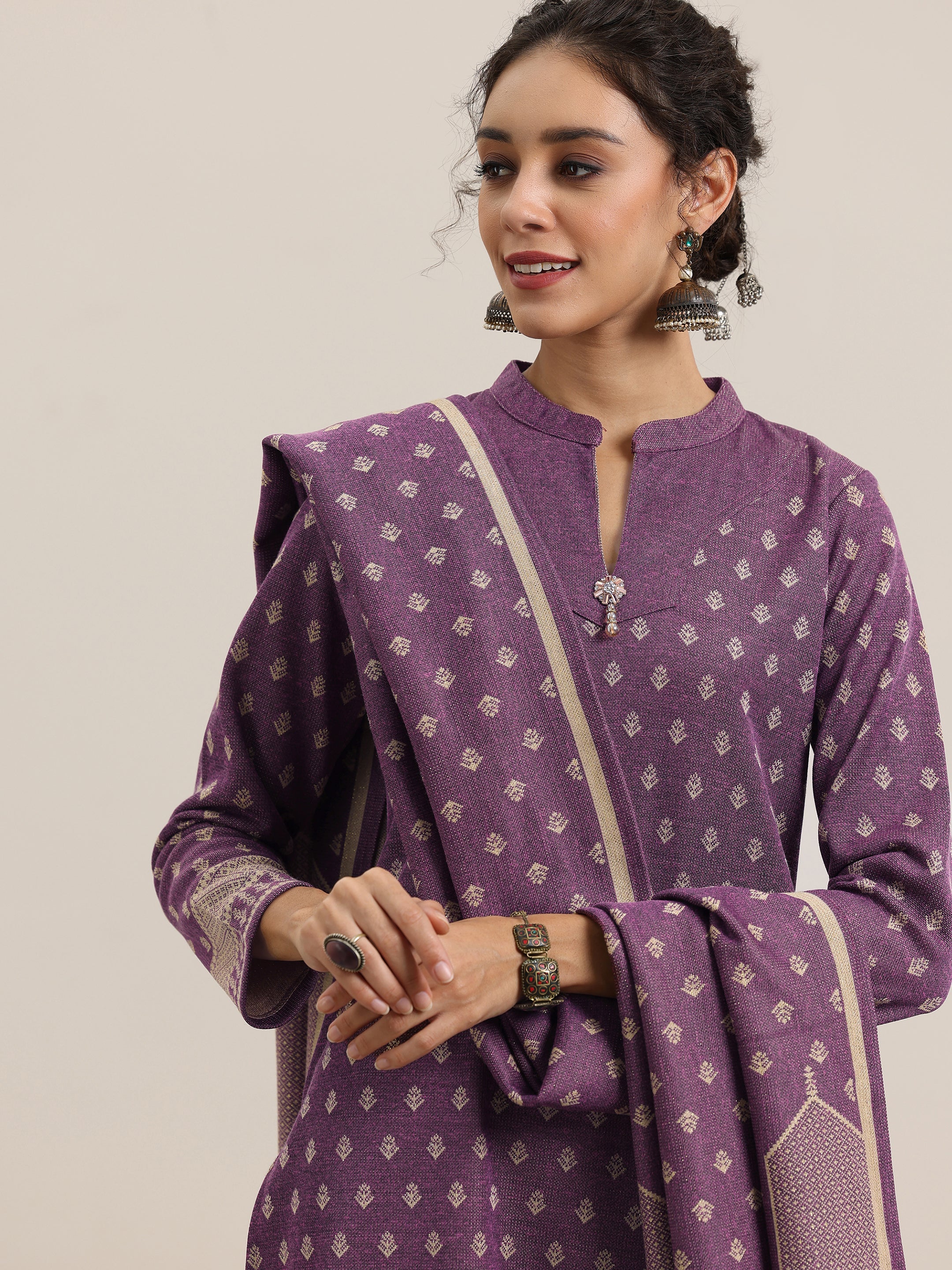 Wine Woven Design Wool Blend Straight Suit With Dupatta