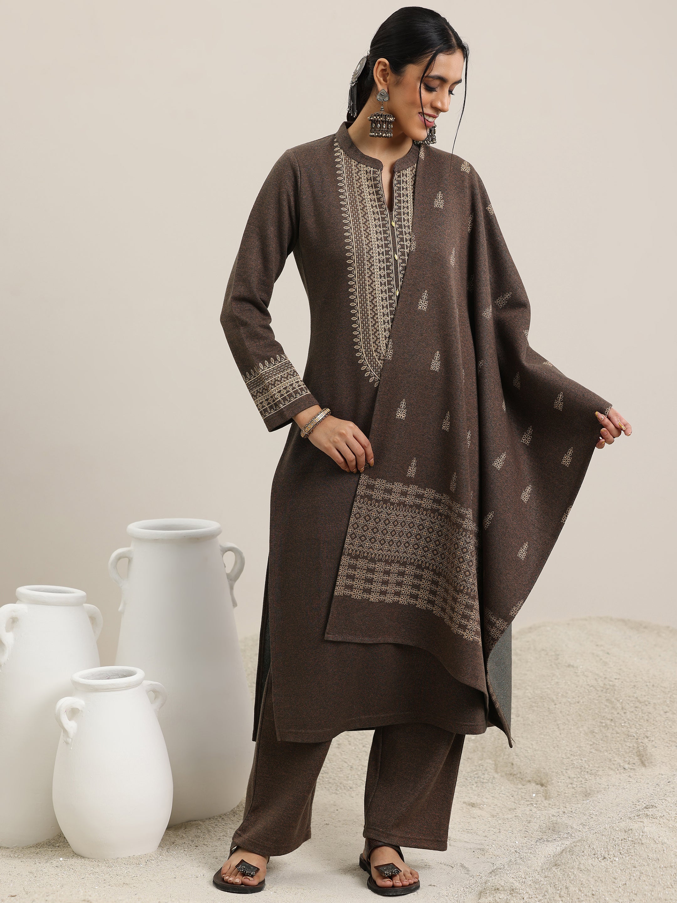 Brown Yoke Design Wool Blend Straight Suit With Dupatta