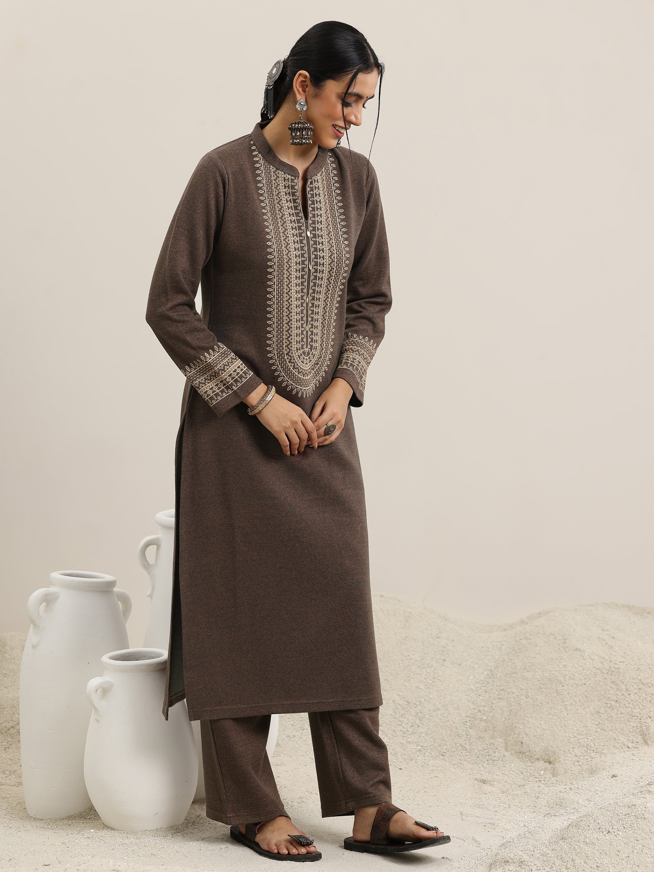 Brown Yoke Design Wool Blend Straight Suit With Dupatta