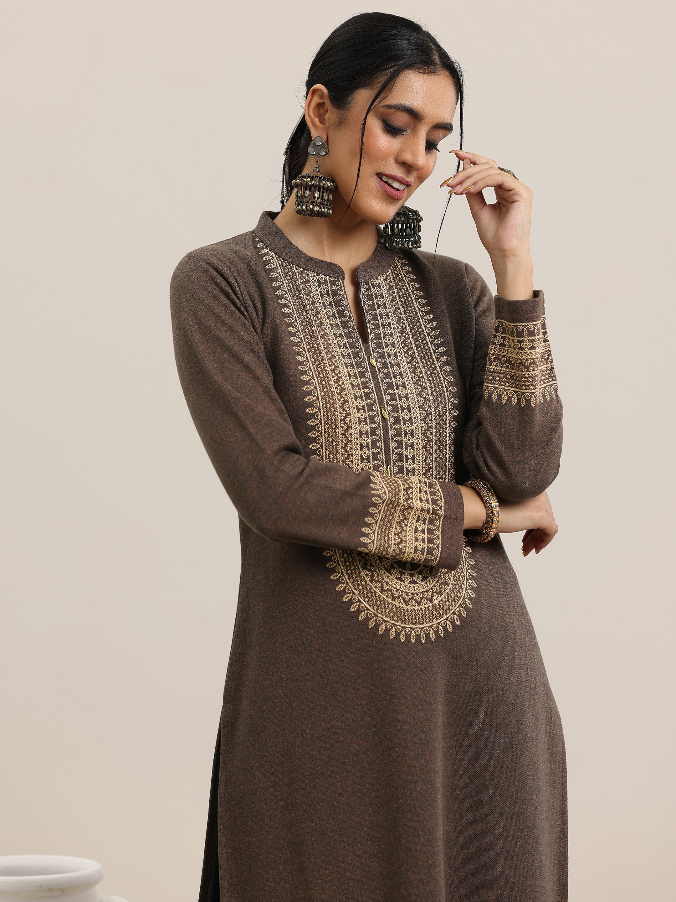 Brown Yoke Design Wool Blend Straight Suit With Dupatta