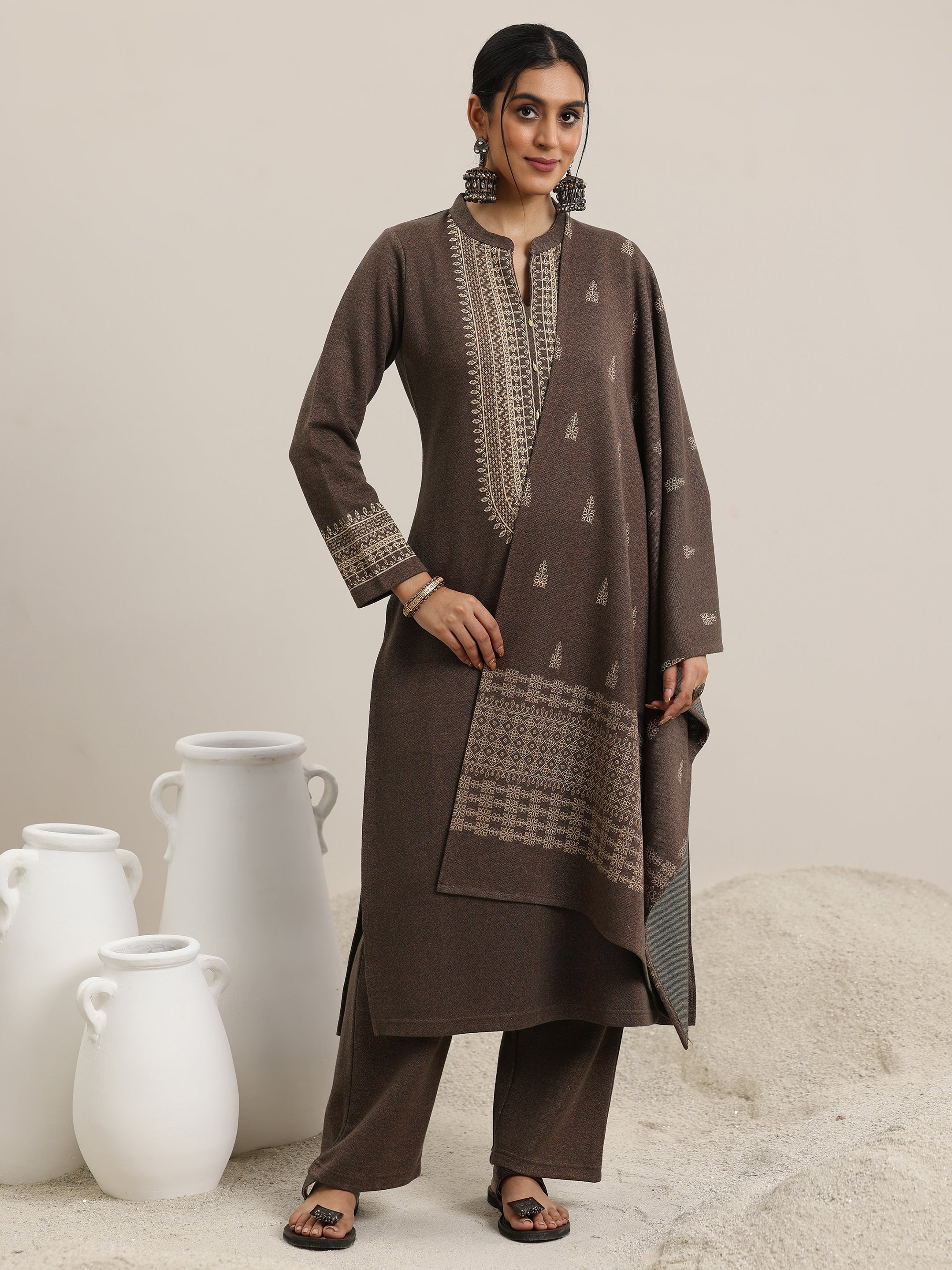 Brown Yoke Design Wool Blend Straight Suit With Dupatta