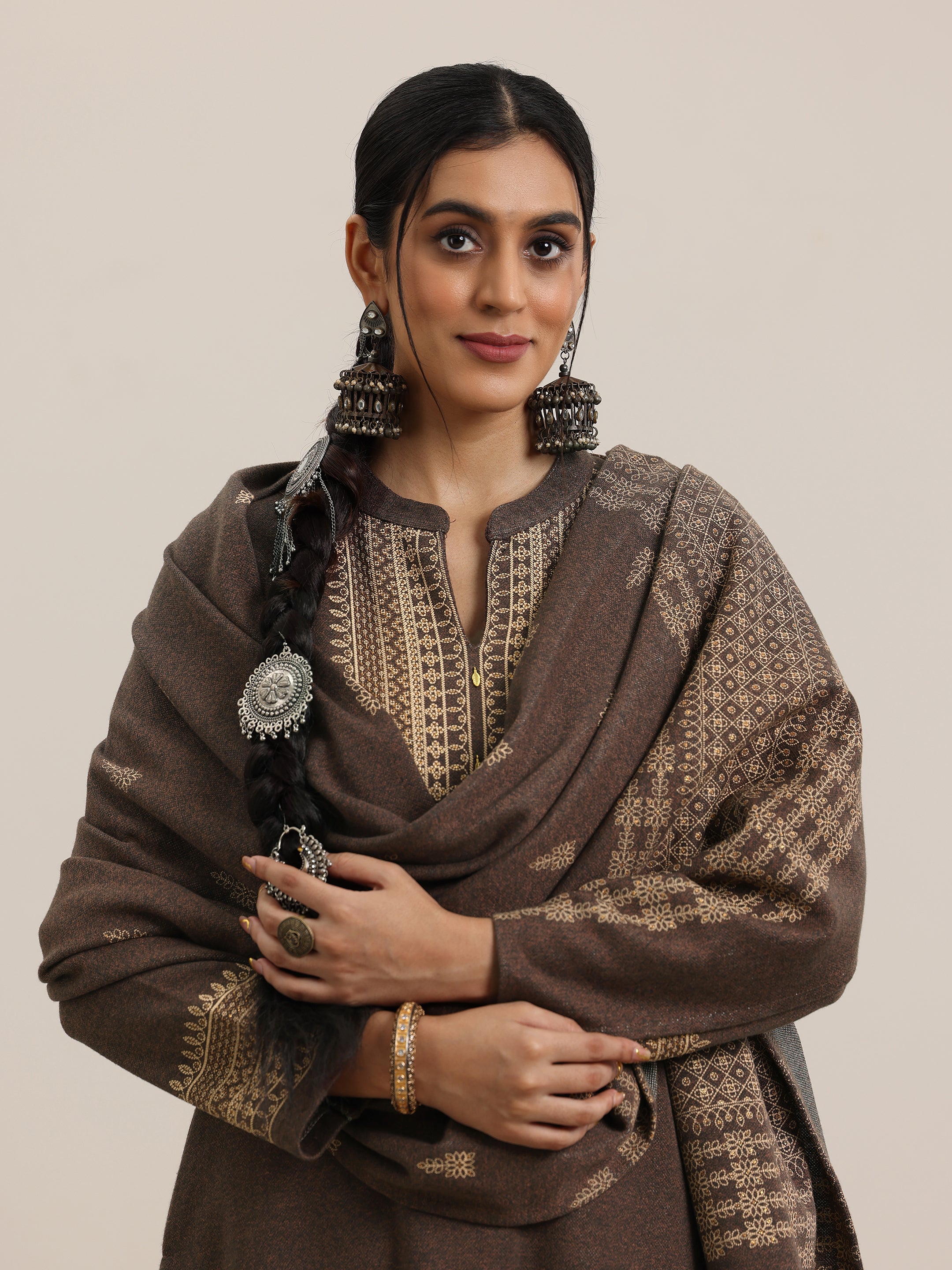 Brown Yoke Design Wool Blend Straight Suit With Dupatta