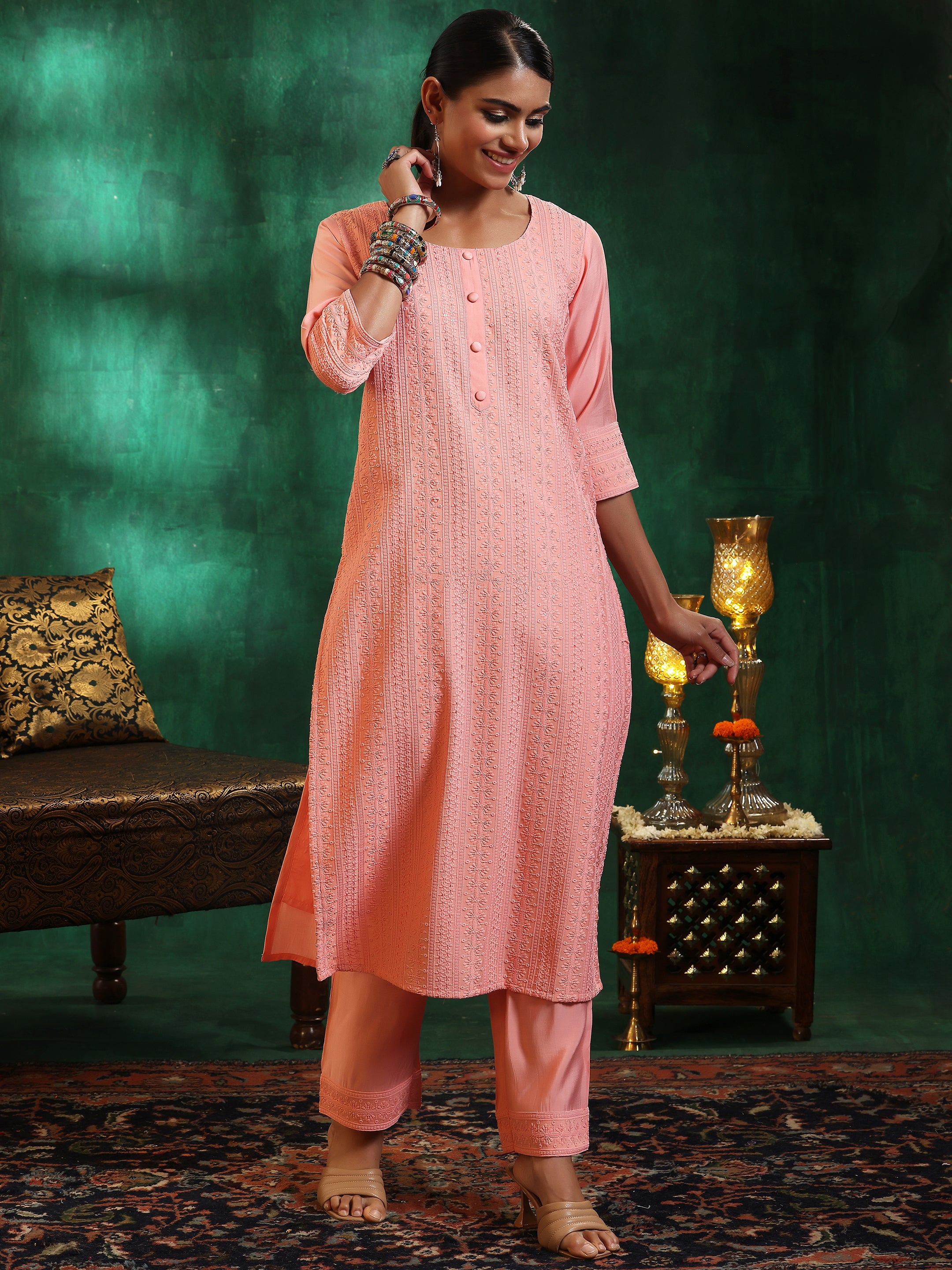 Peach Embroidered Silk Blend Straight Suit With Dupatta