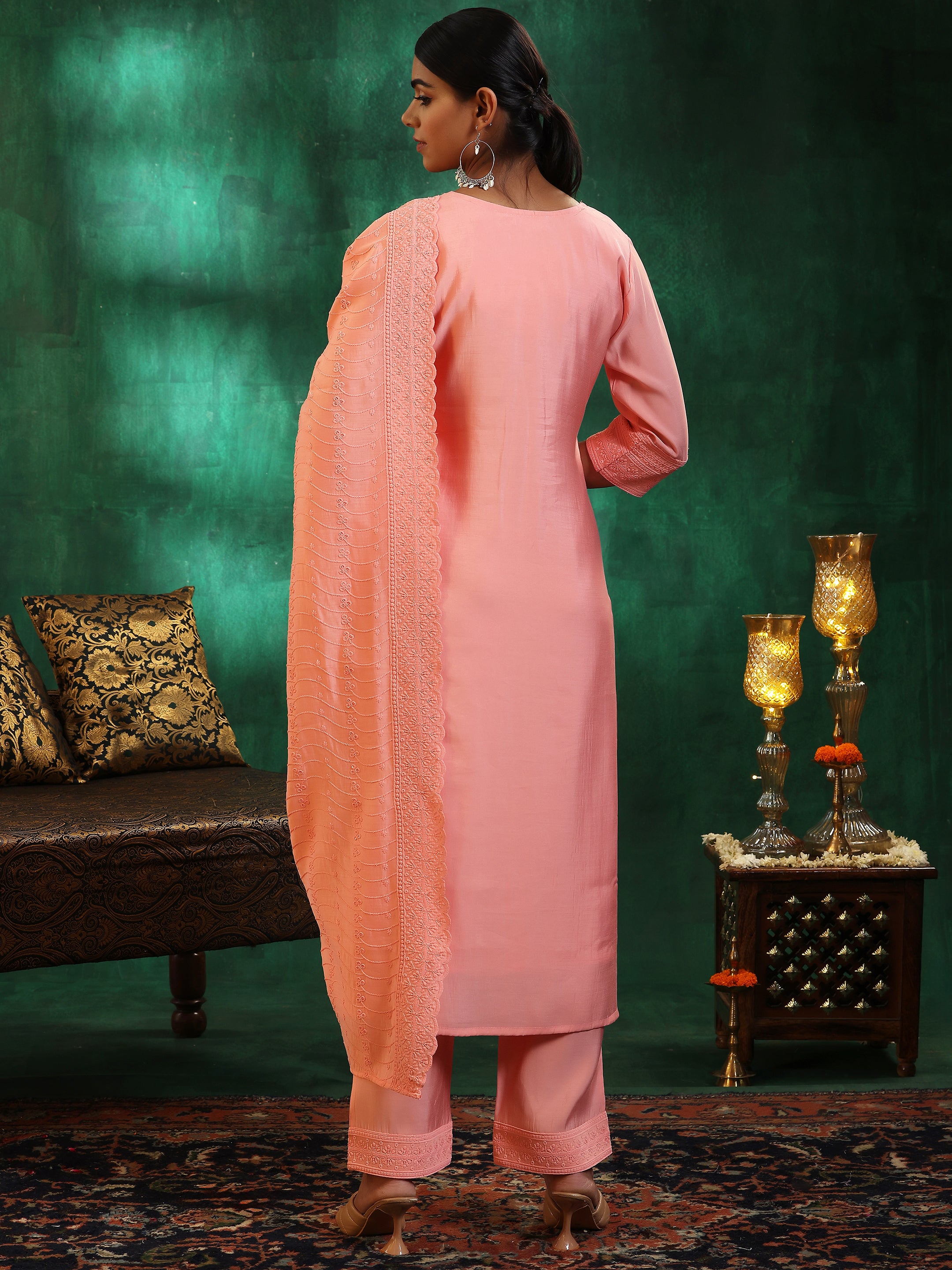 Peach Embroidered Silk Blend Straight Suit With Dupatta