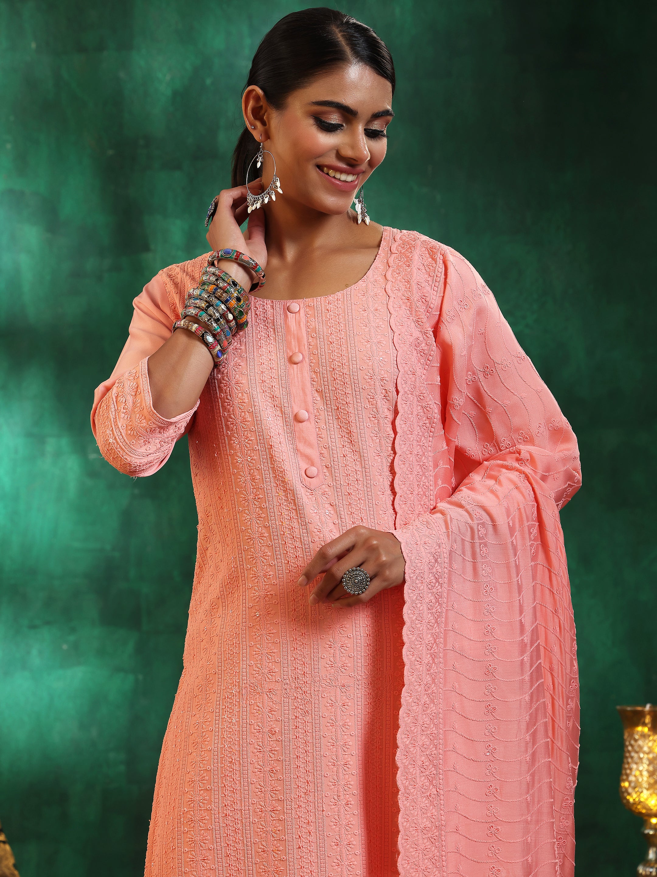 Peach Embroidered Silk Blend Straight Suit With Dupatta